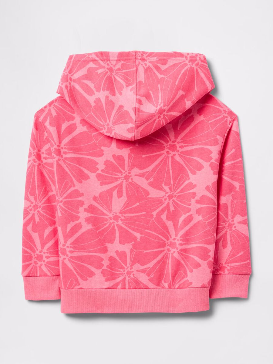 Pink sweatshirt in French terry with hood, flowers print and logo embroidery_1