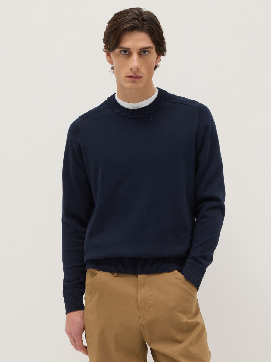 Regular fit blue crew neck pure cotton jumper_0