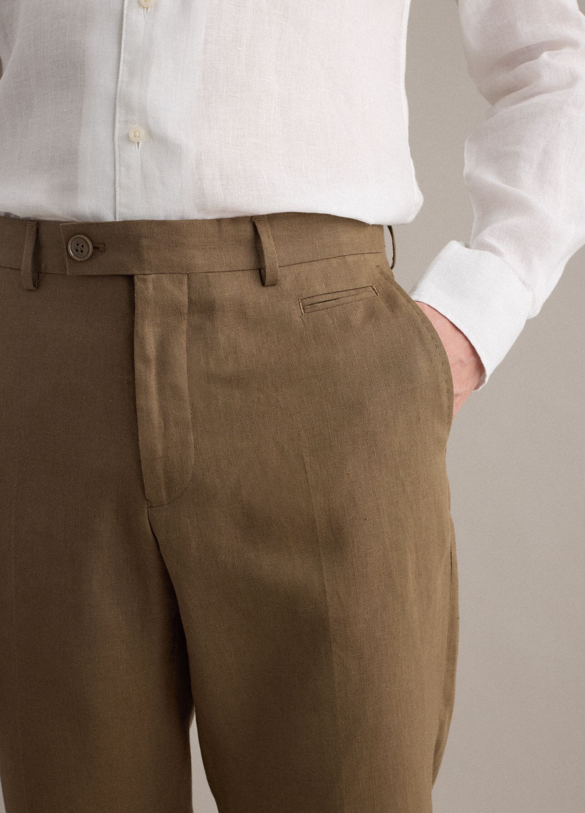 Brown pure linen regular fit trousers