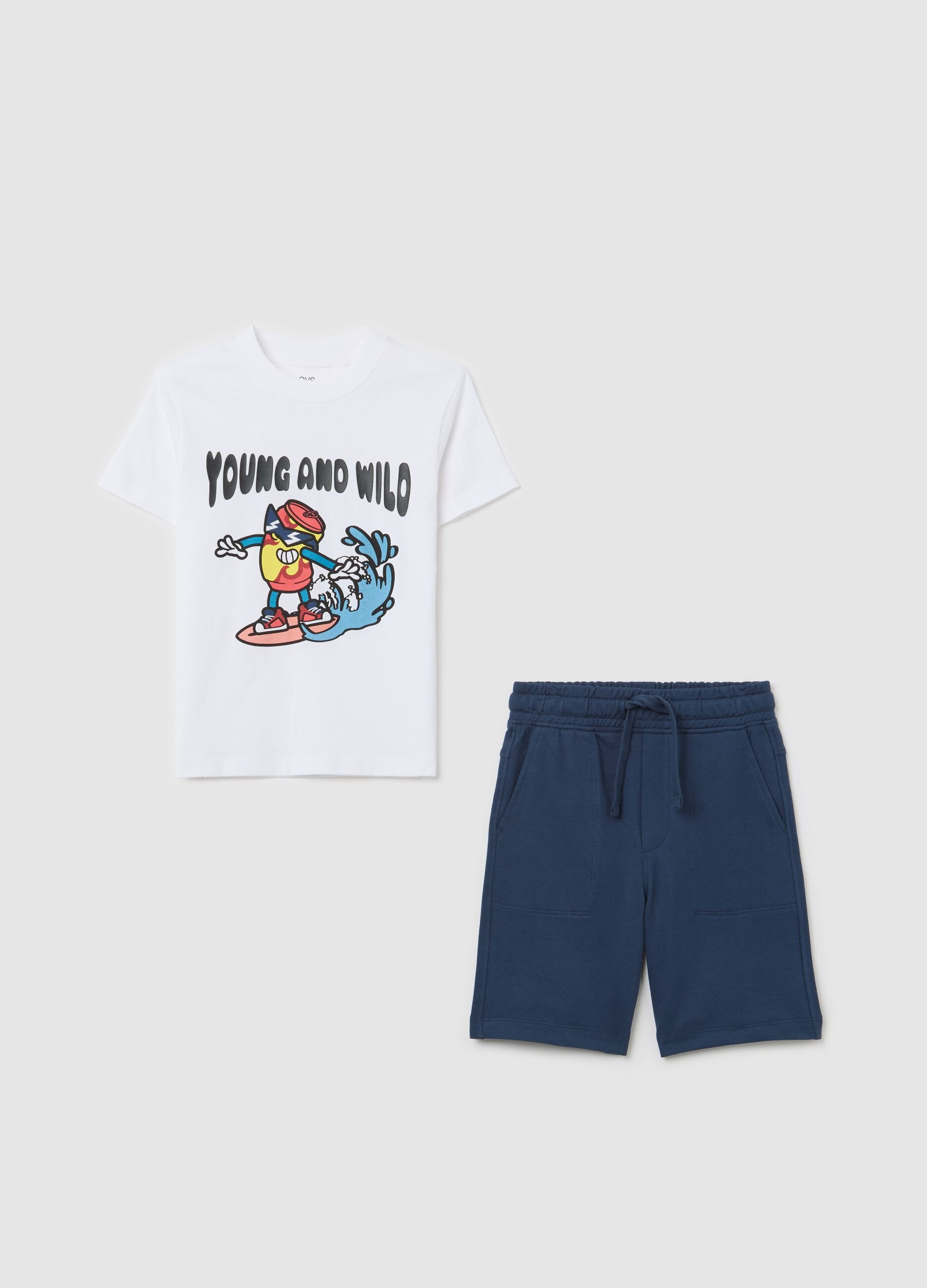 White and blue boy's outfit in cotton with print