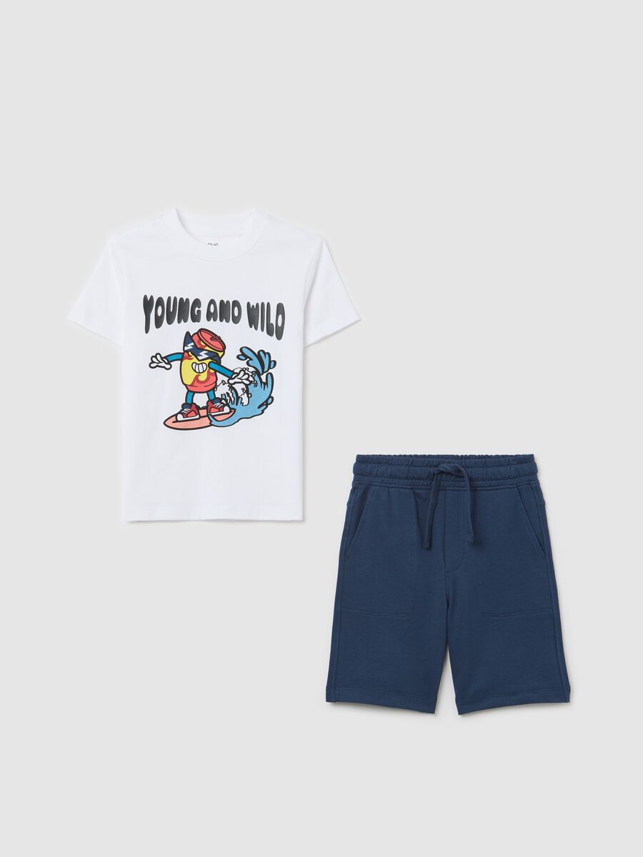 White and blue boy's outfit in cotton with print_0