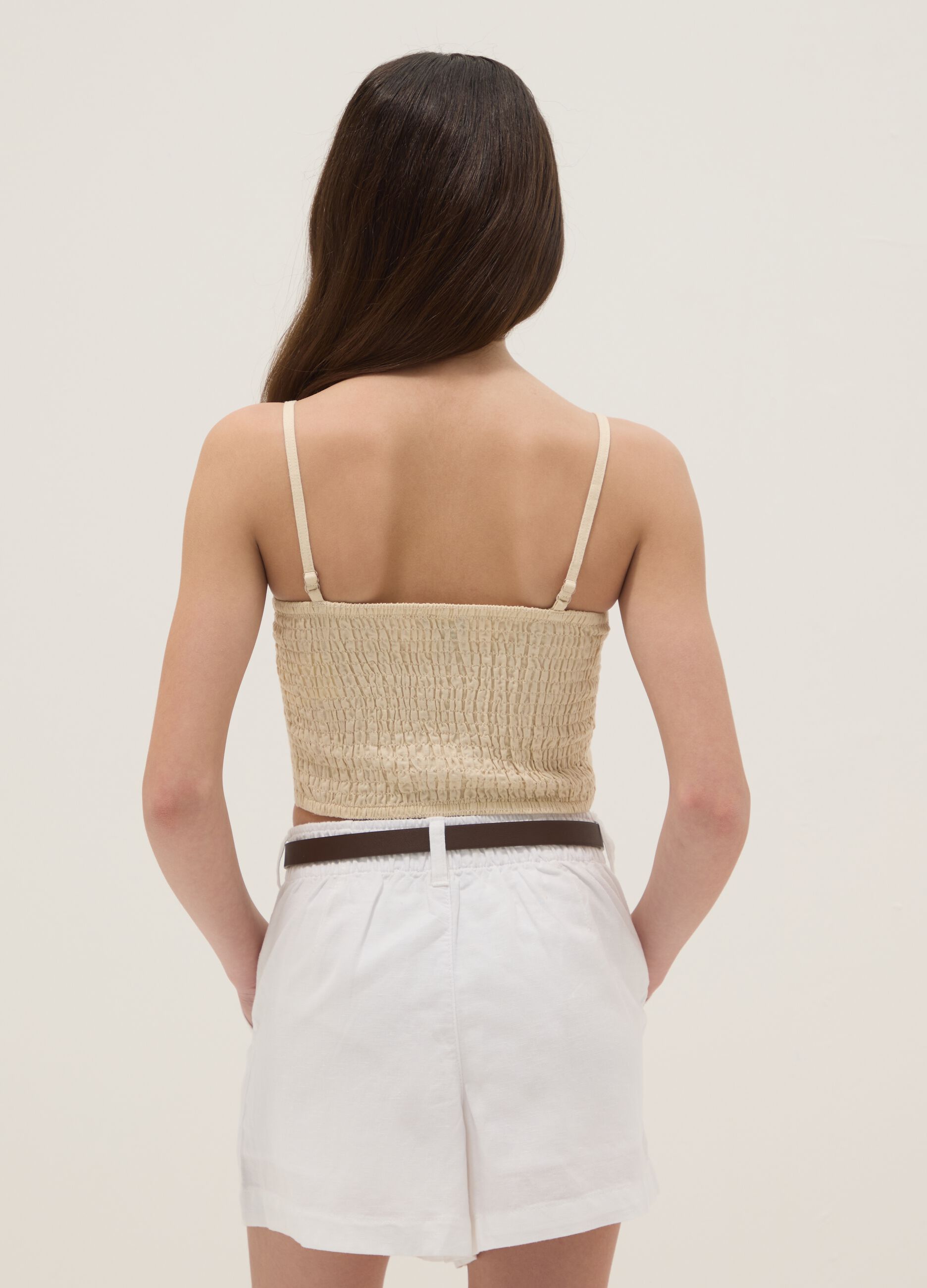 Top corto in misto lino e cotone beige da ragazza slim fit