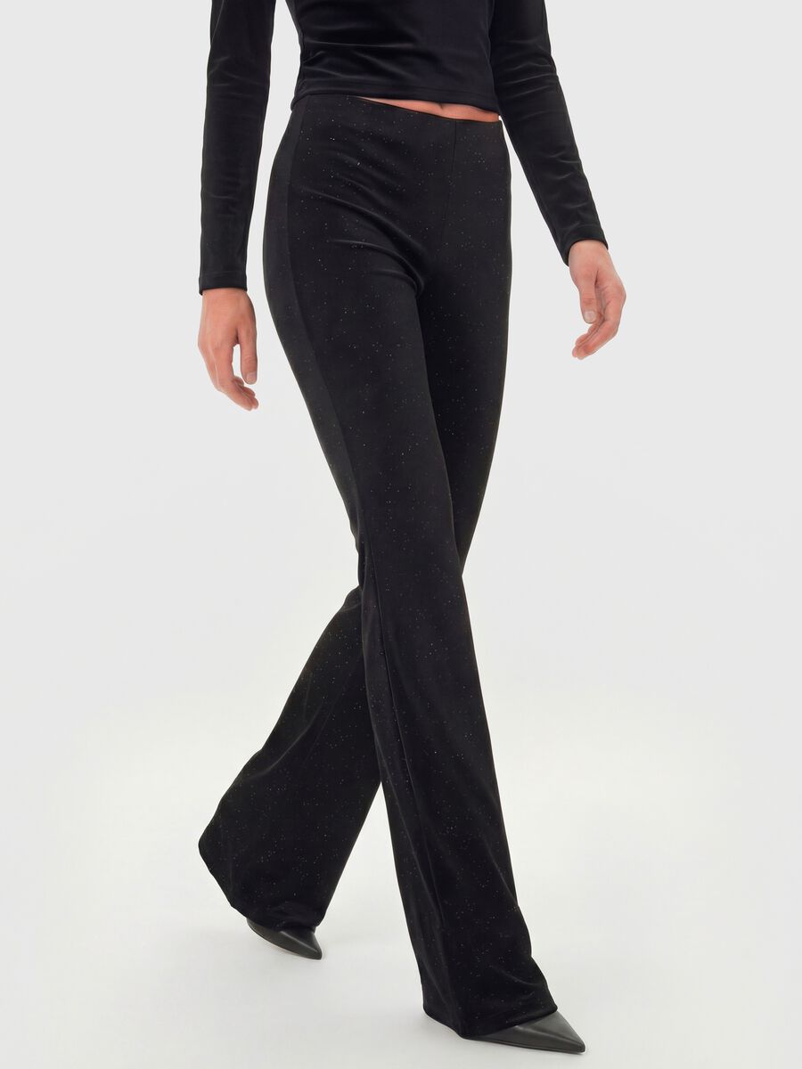 Black stretch fabric flare trousers with glitter_1