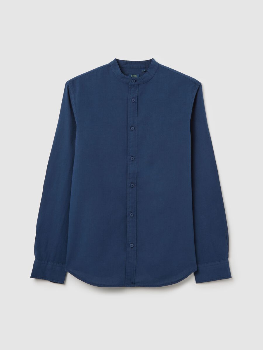 Regular blue shirt with Mandarin collar made of cotton and linen_4