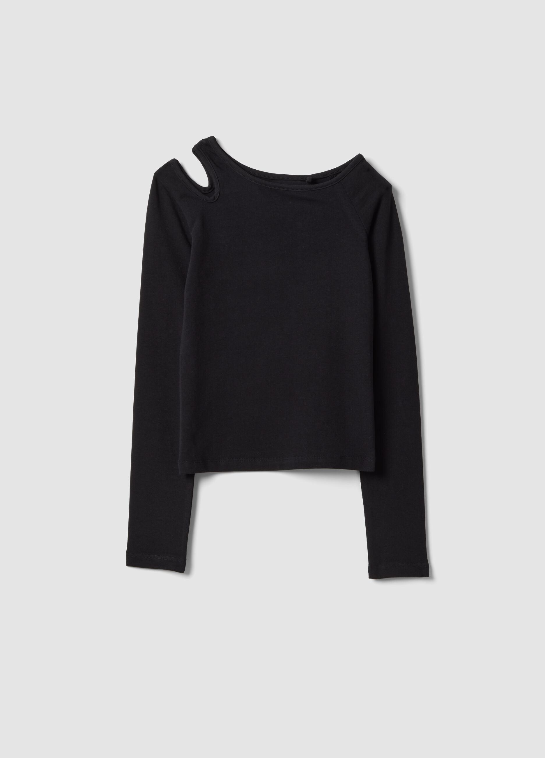 Black cotton blend slim fit girl's top with boat neckline