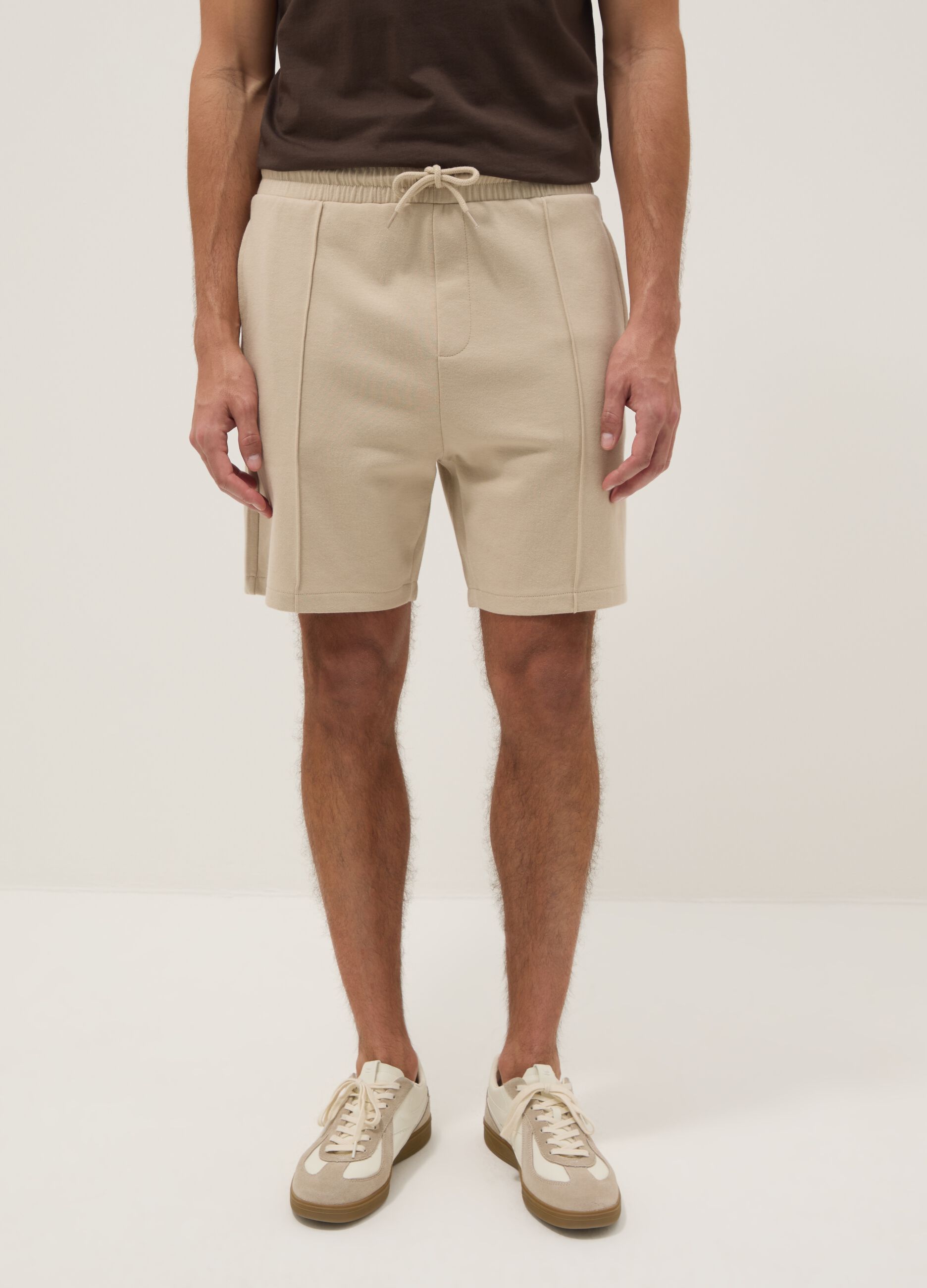 Beige cotton-blend regular-fit shorts with drawstring