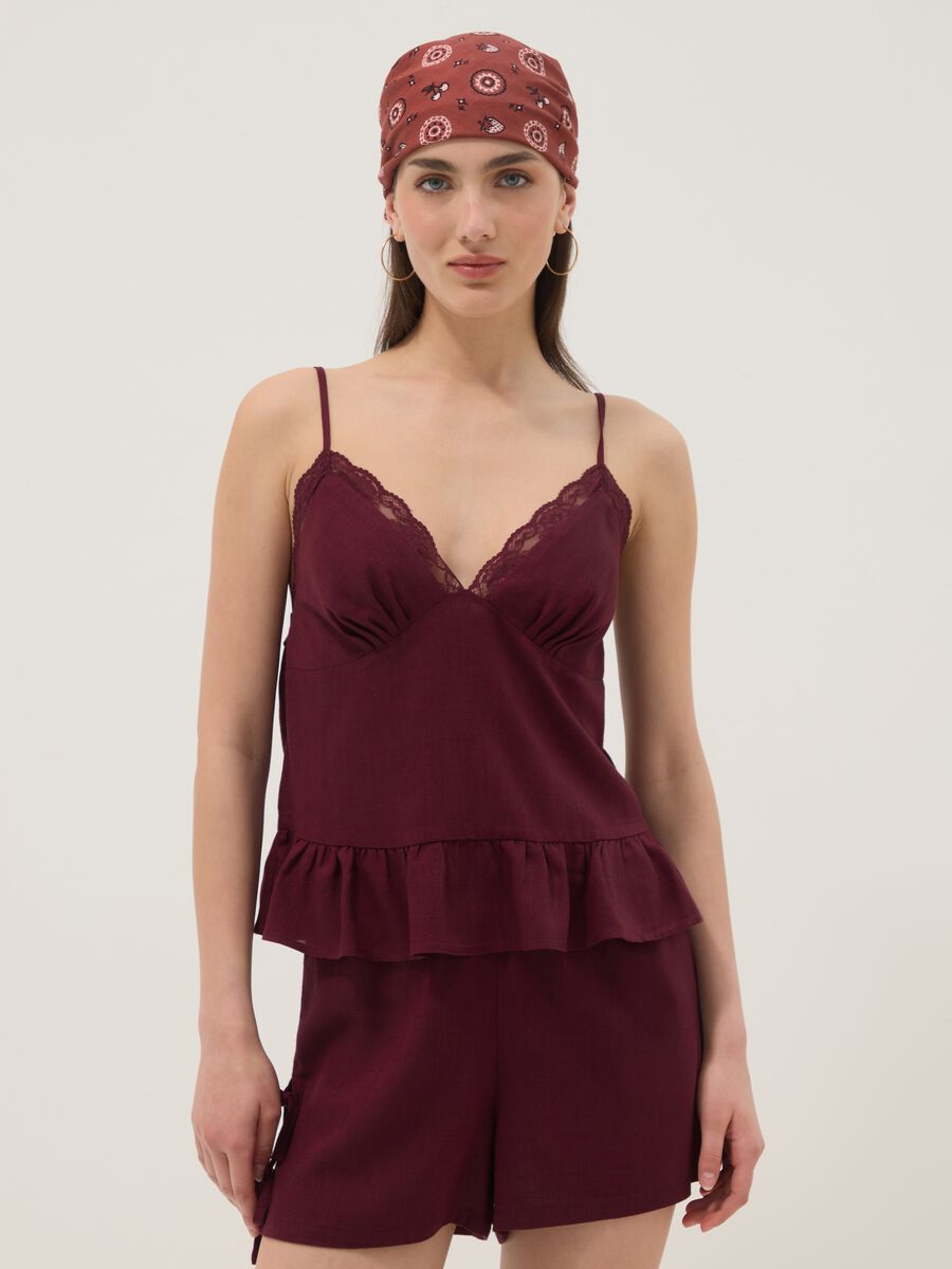 Burgundy viscose-linen blend lace top, regular fit_1