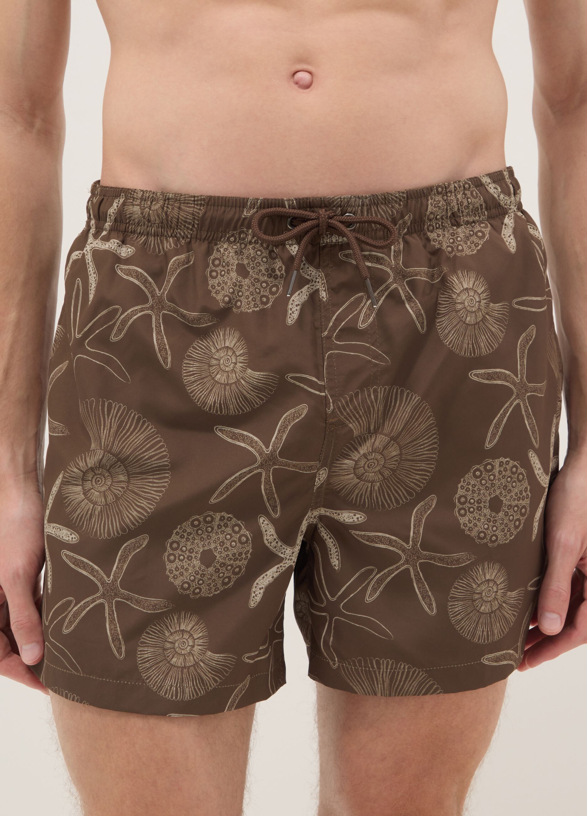 Brown swim shorts with seashell and starfish print