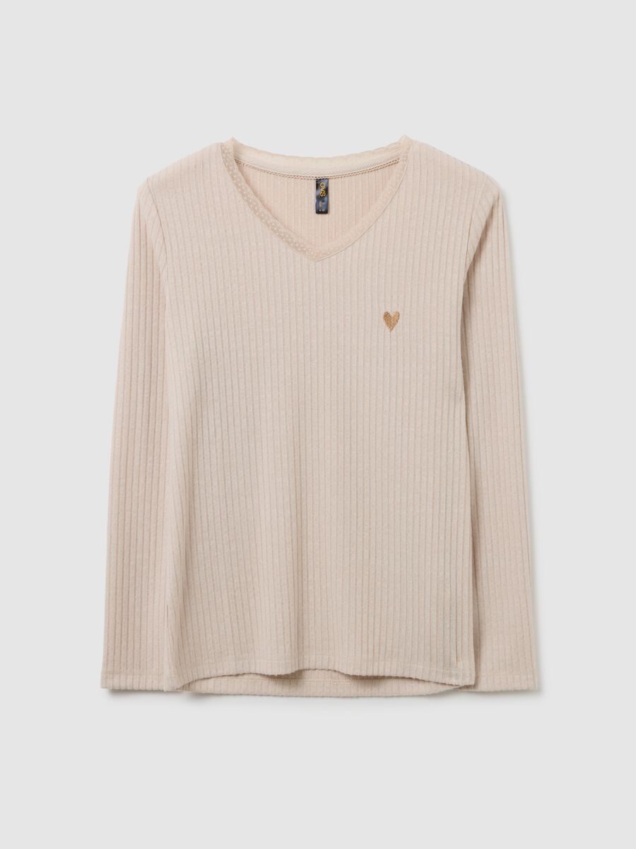 Beige ribbed pyjama top with regular fit and V-neck_0