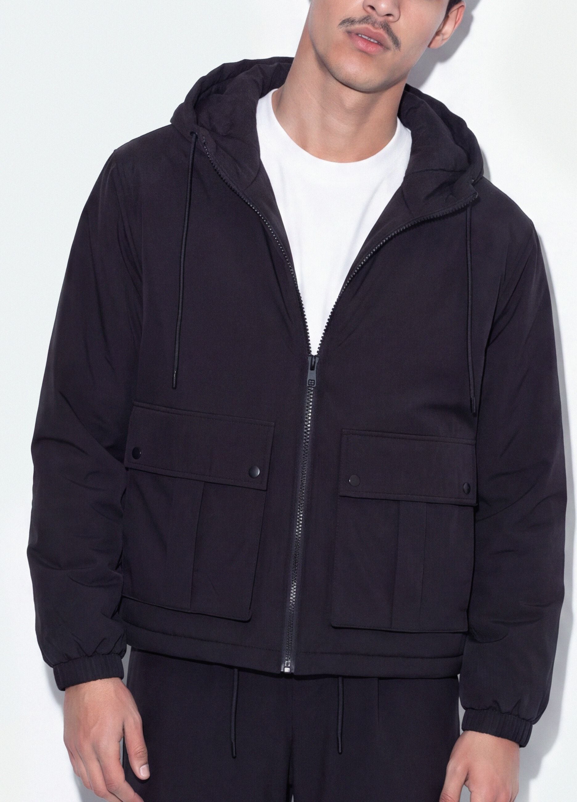 Black padded hooded jacket with zip, oversized fit