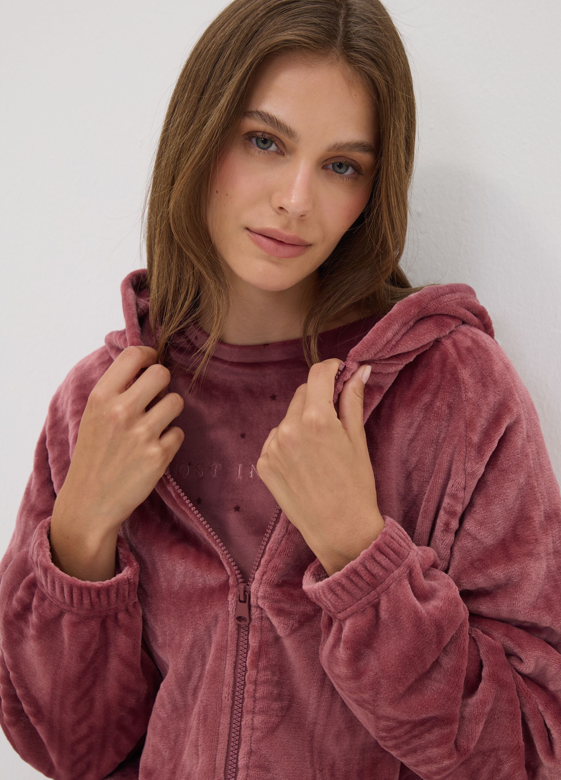 Pink zip-up hooded homewear sweatshirt