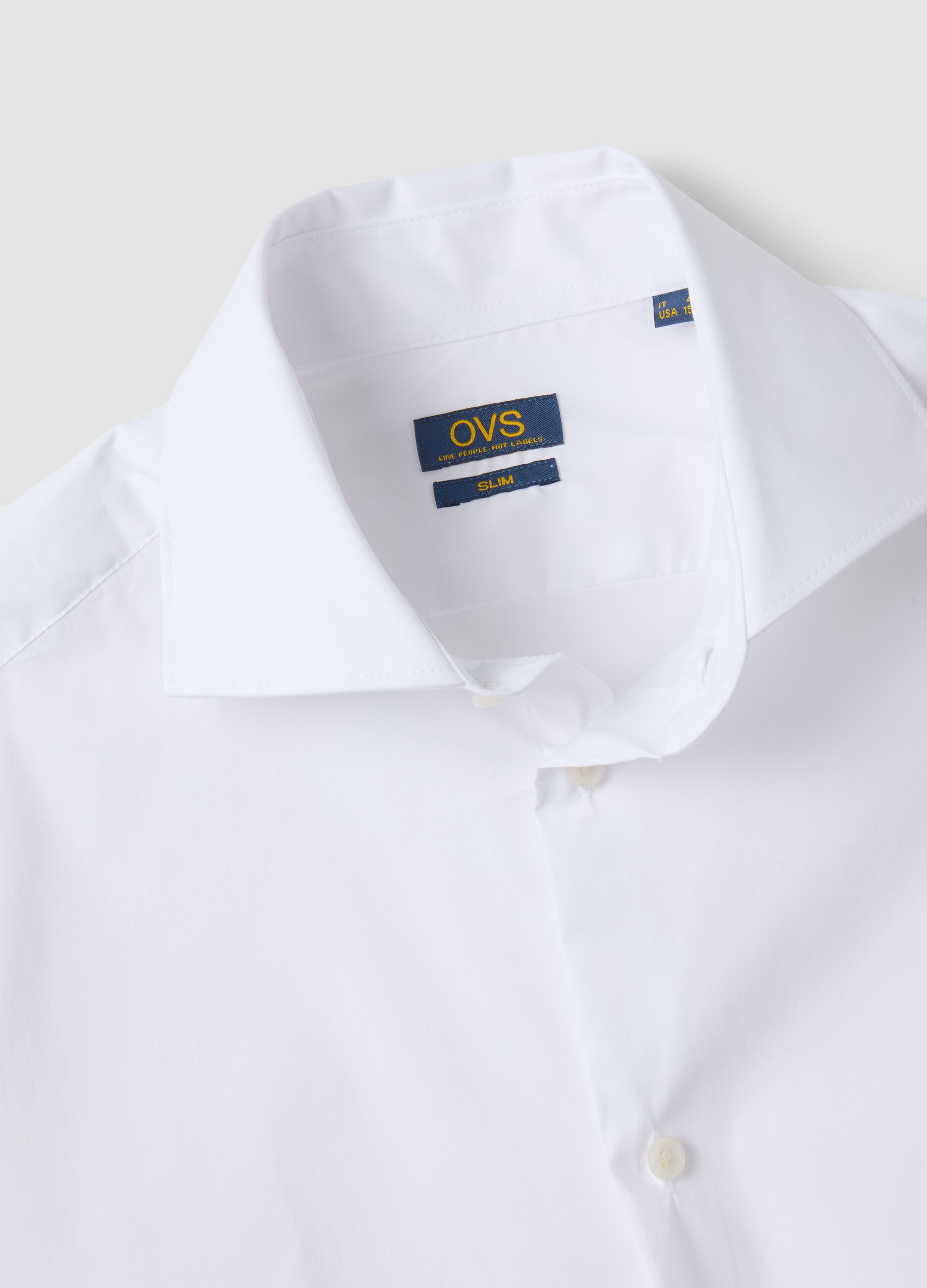 White stretch cotton poplin shirt with French collar, slim fit