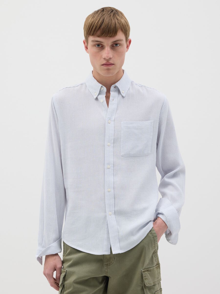 White and light blue shirt in striped linen, viscose and cotton_0