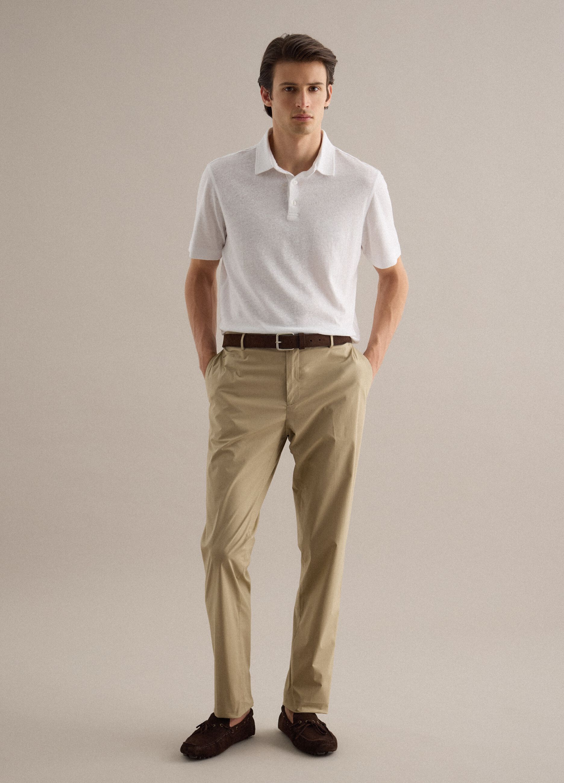 Beige regular-fit stretch cotton trousers