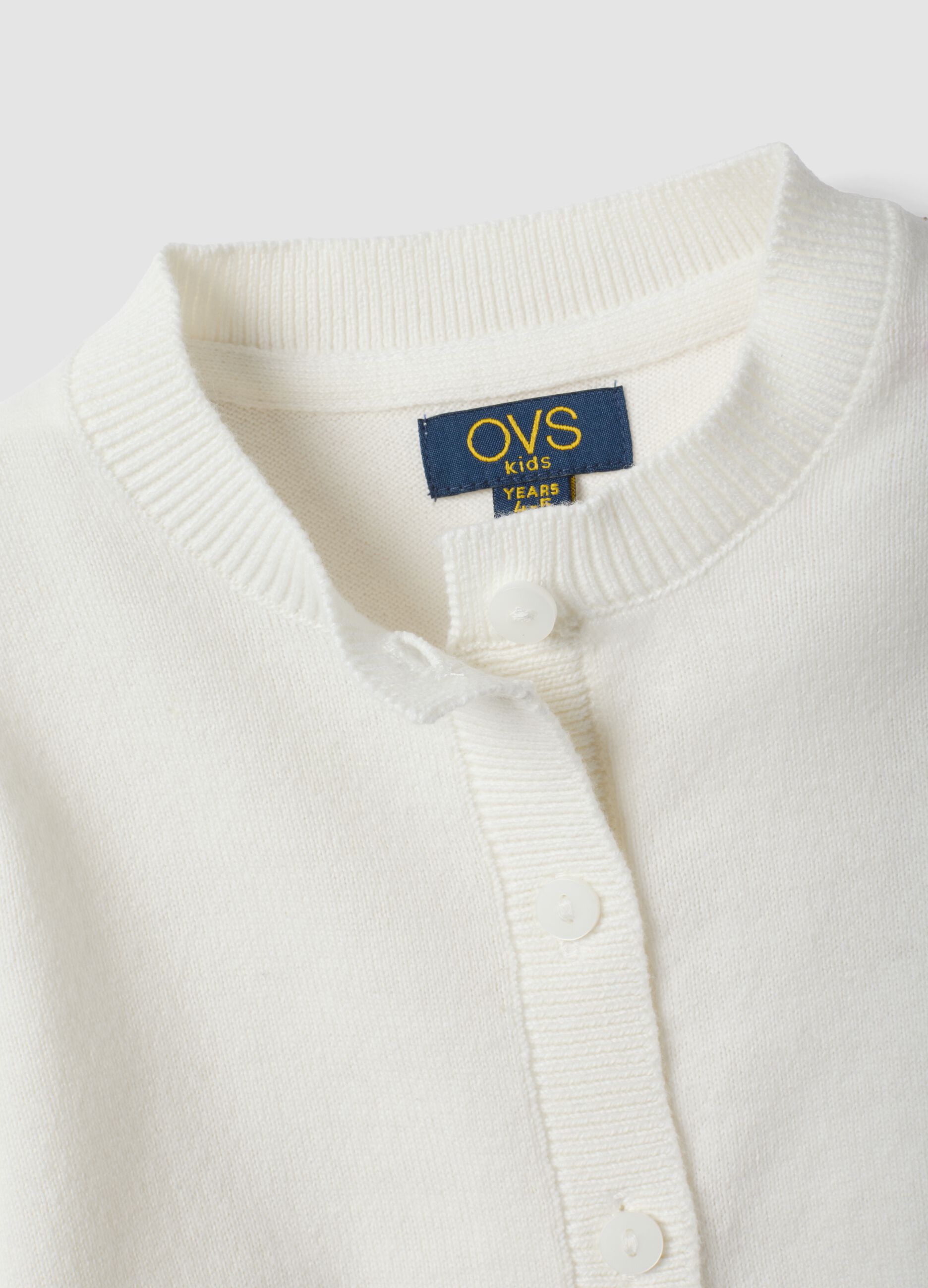 White cotton-blend crew-neck cardigan, regular fit, for girls