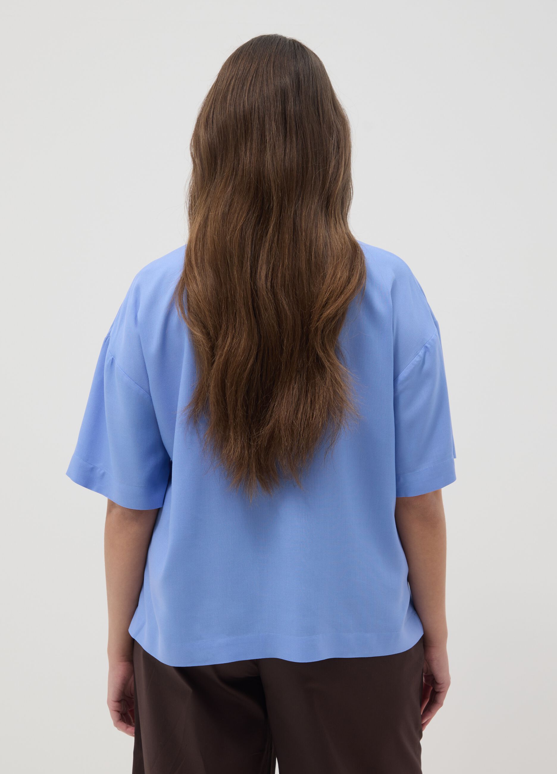 Sky-blue pure viscose shirt with classic collar