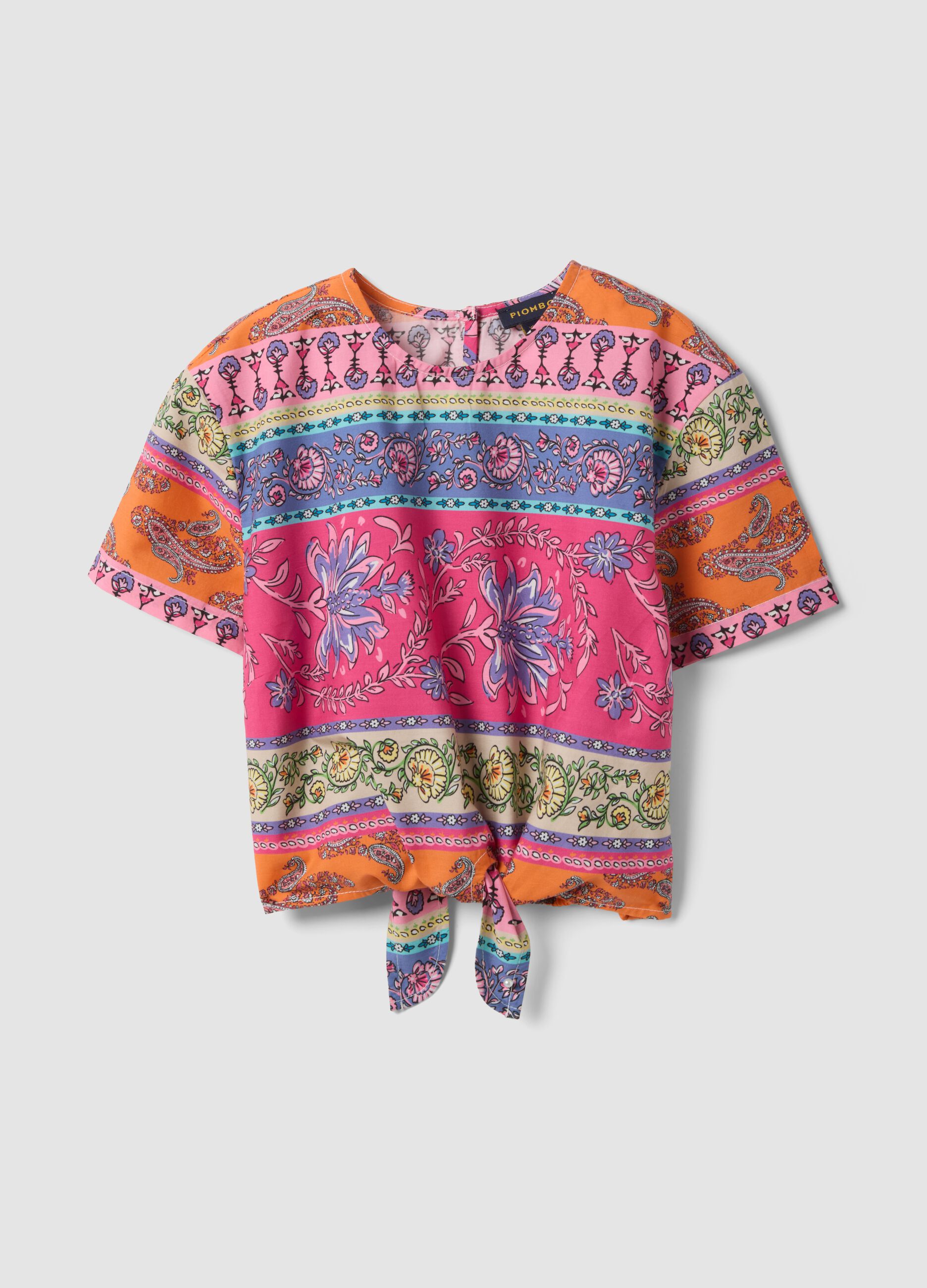 Multicoloured pure cotton shirt with front tie