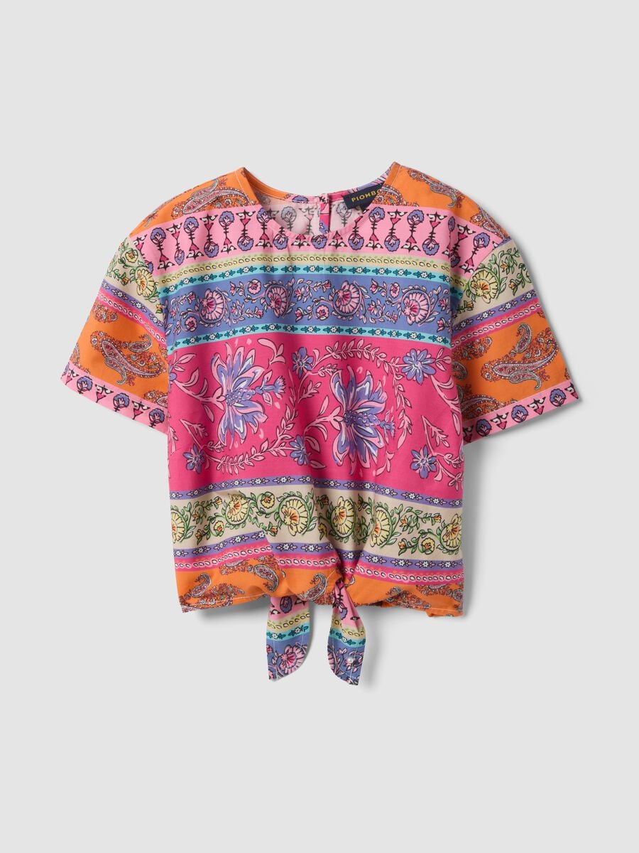 Camicia multicolor in puro cotone da bambina con nodo frontale_3