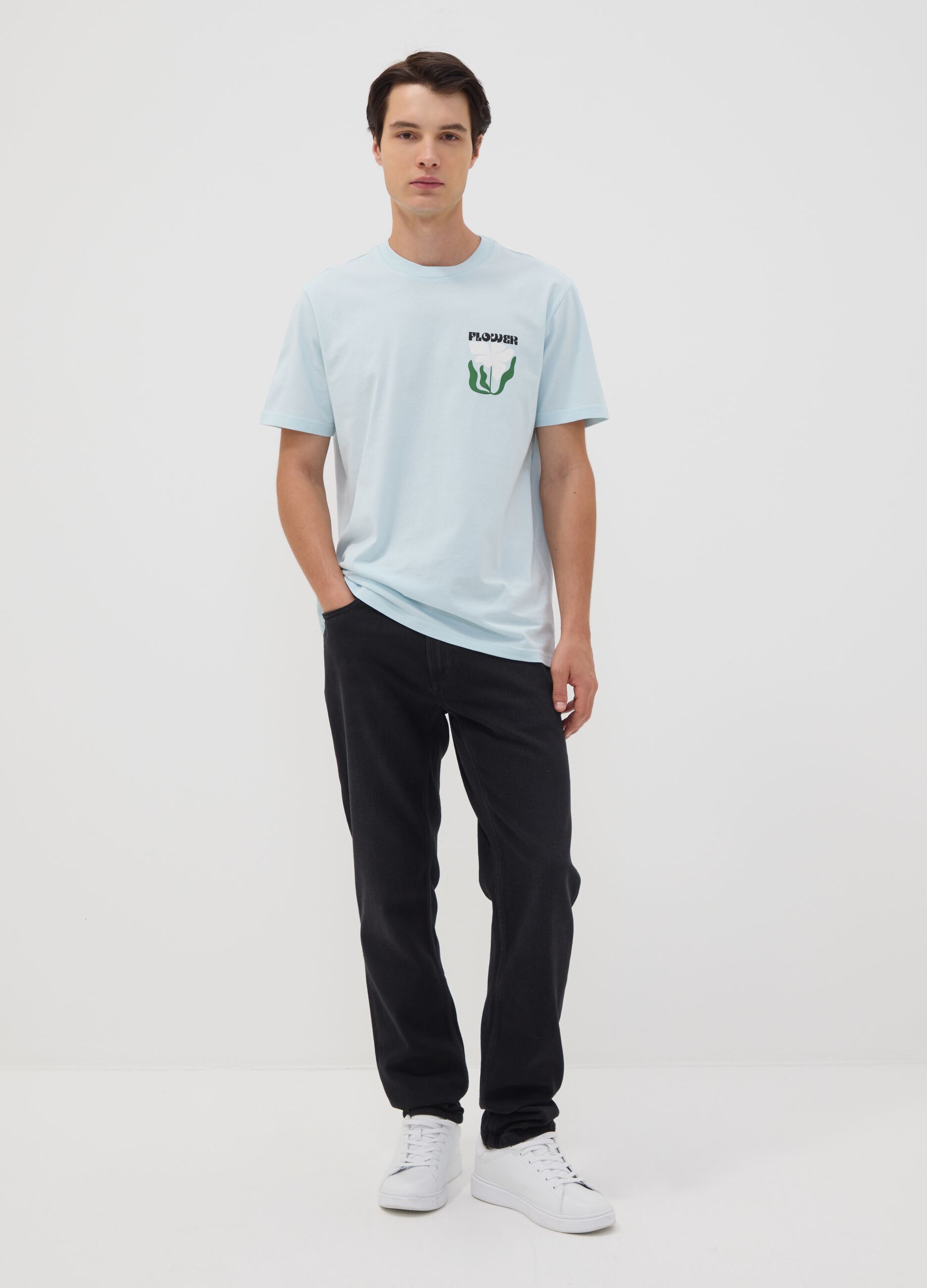 Light blue pure cotton jersey T-shirt with print, regular fit