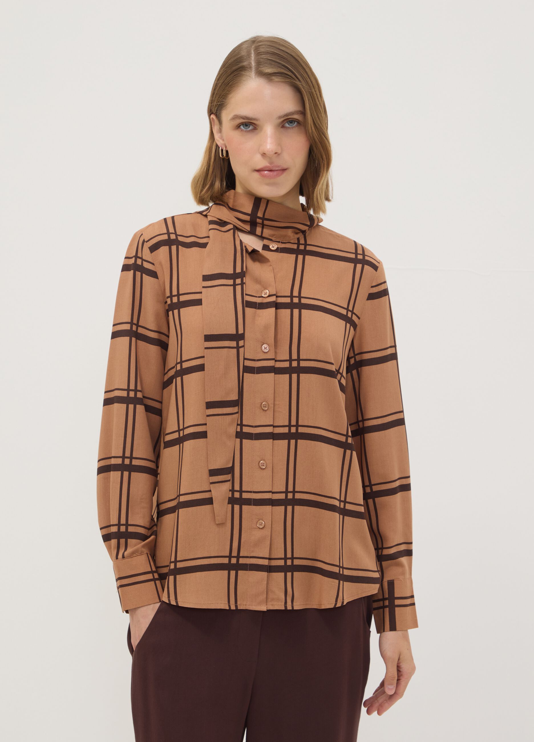 Brown checked pure viscose shirt with neck tie, regular fit
