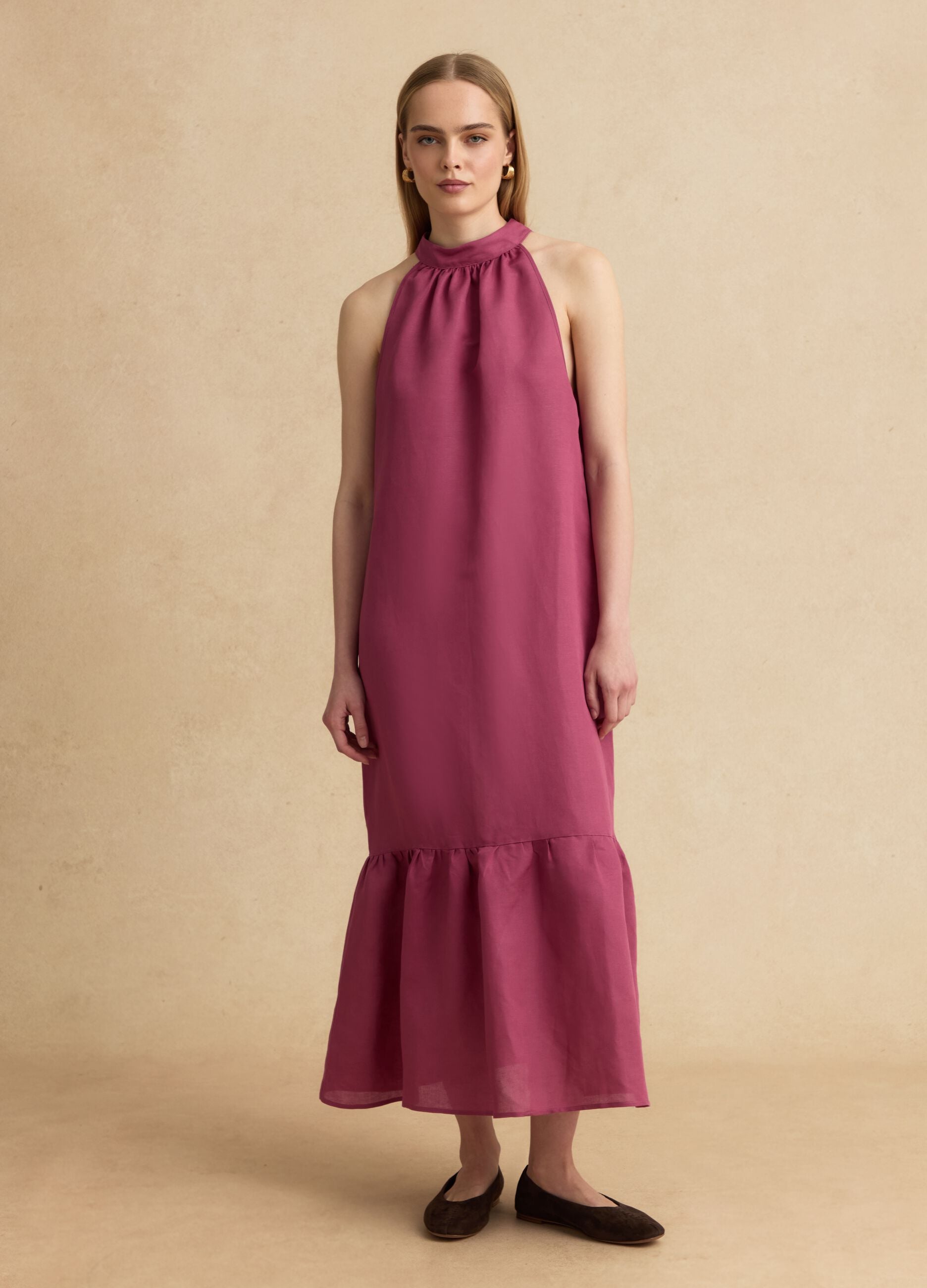 Pink linen-viscose blend halterneck dress, regular fit