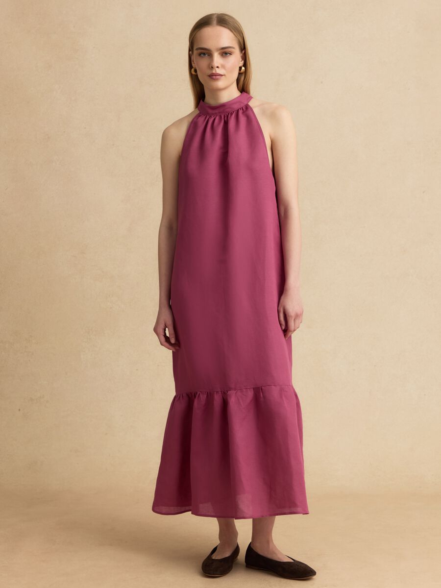 Pink linen-viscose blend halterneck dress, regular fit_0