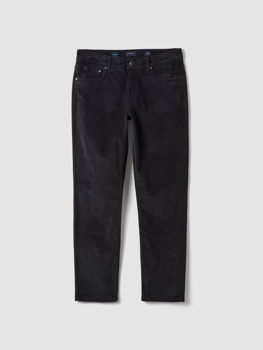 Grey slim-fit ribbed stretch cotton trousers_0