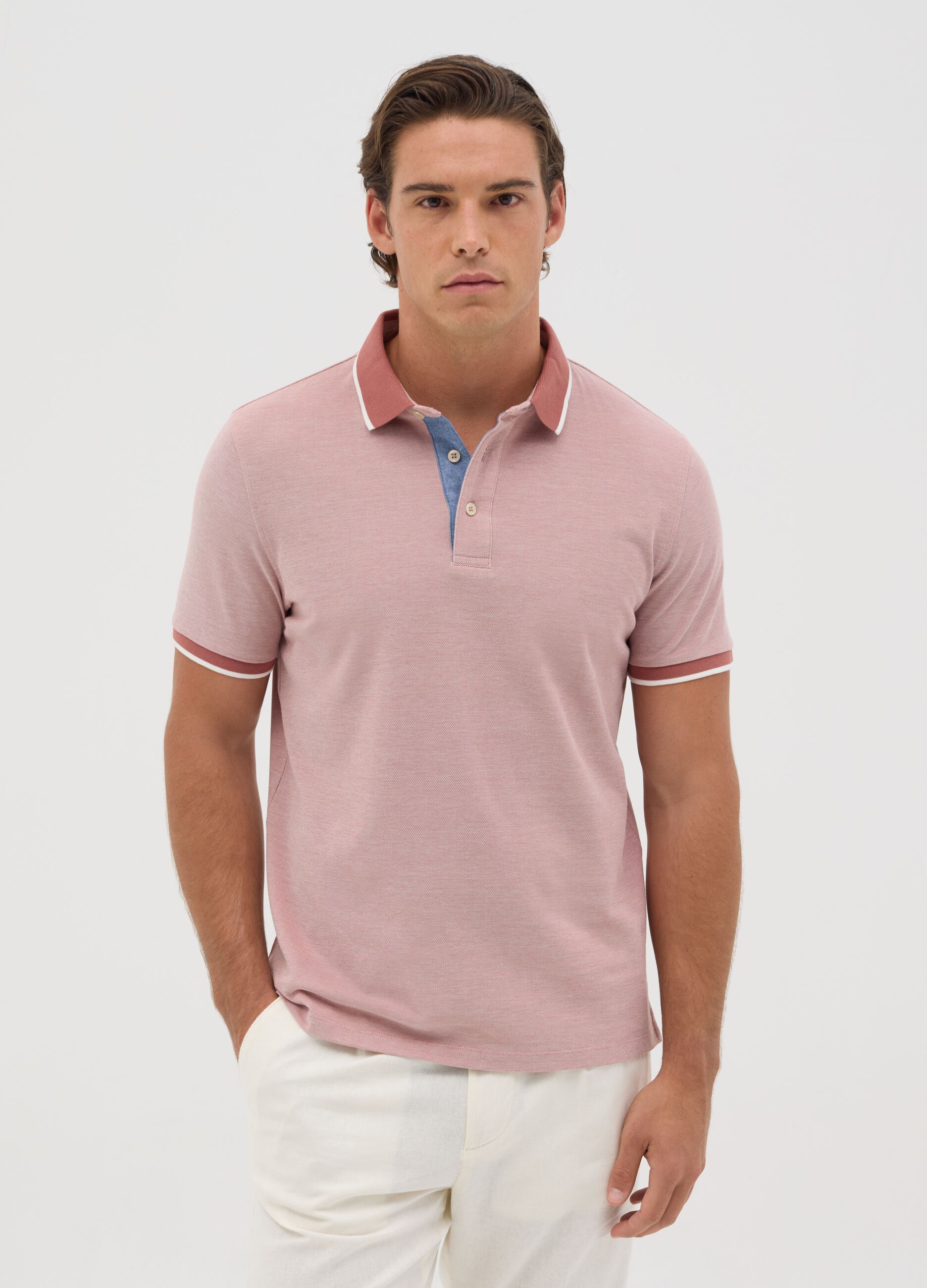 Pink polo shirt with short sleeves in cotton piquet