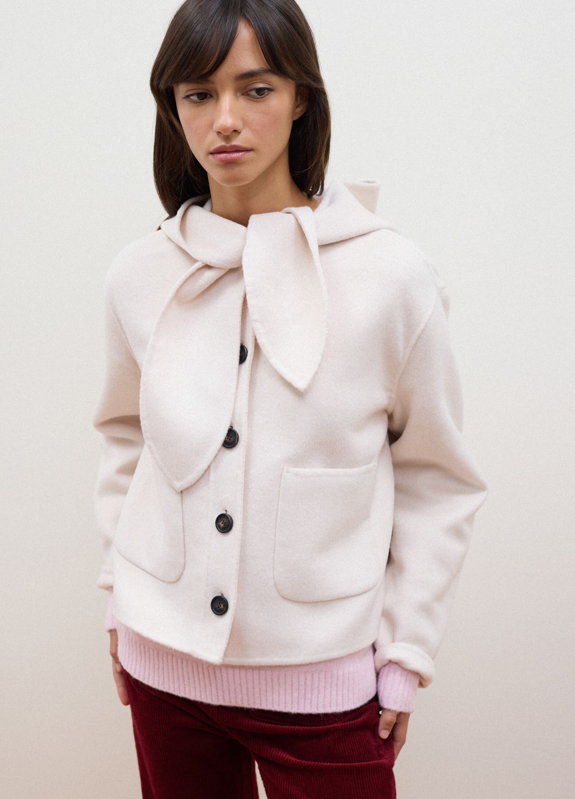 Short white wool-blend coat with hood, regular fit