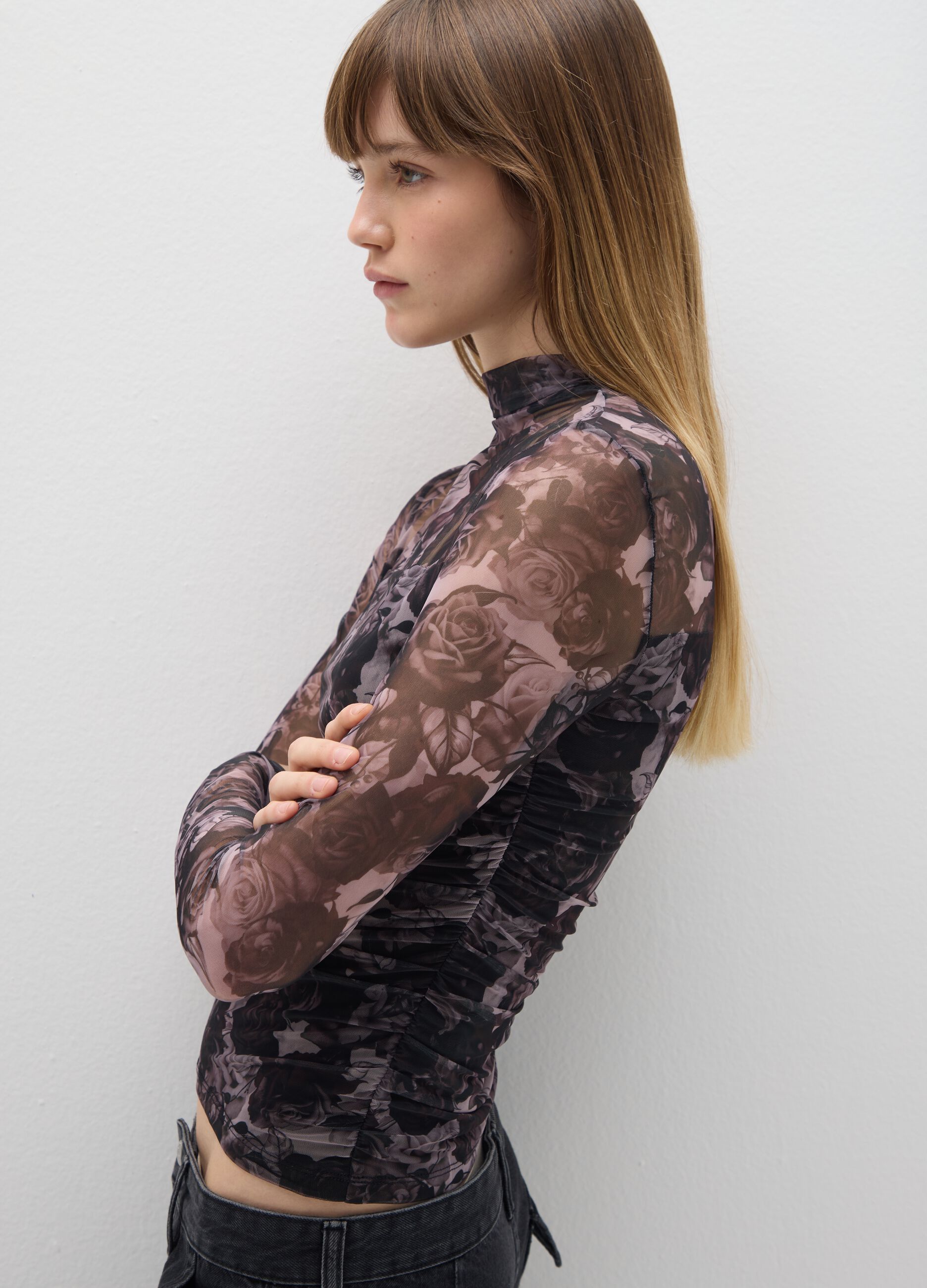 Grey Long Sleeve Top with Floral Print