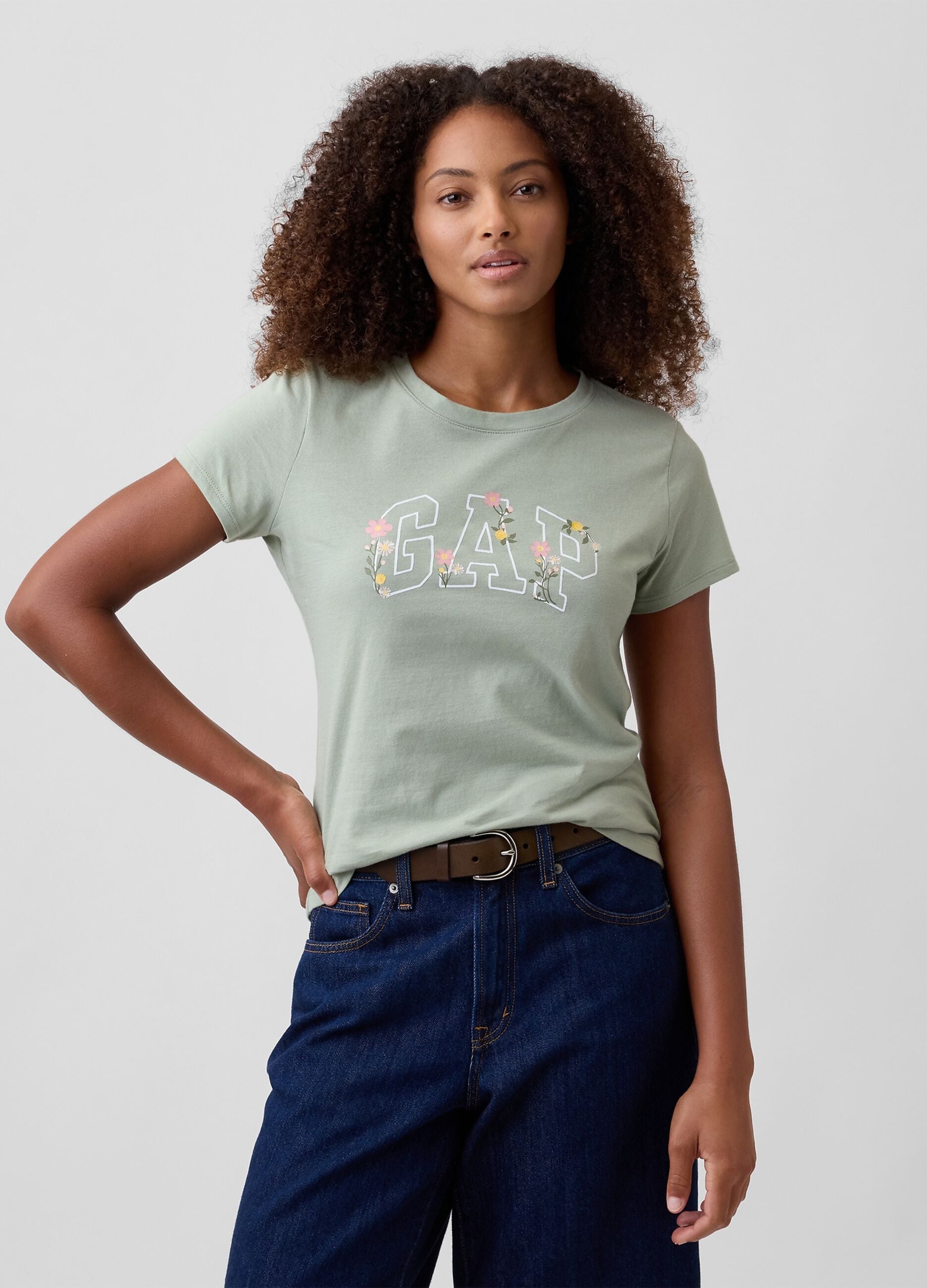 Sage green pure cotton T-shirt with floral GAP logo