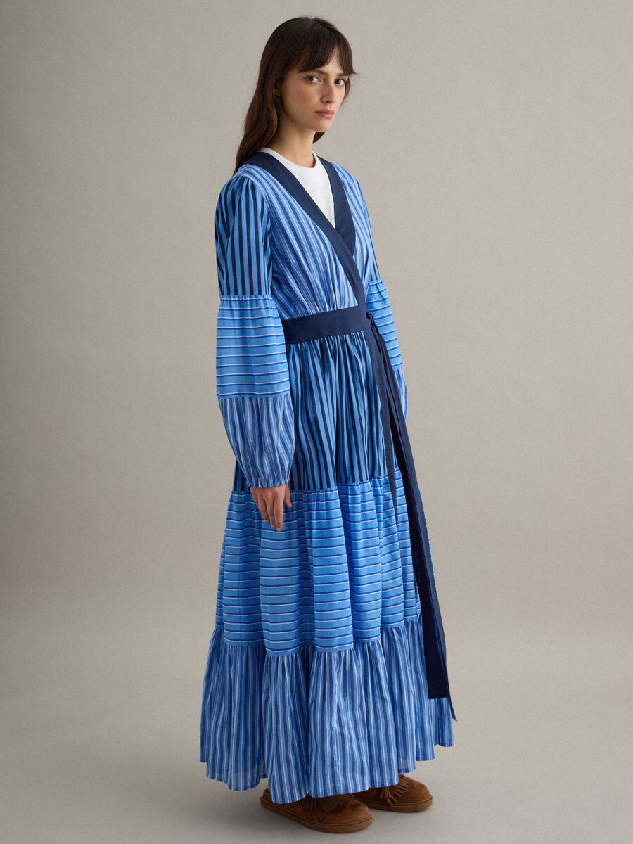 Multicolour striped pure cotton dress with regular fit and V-neck_0