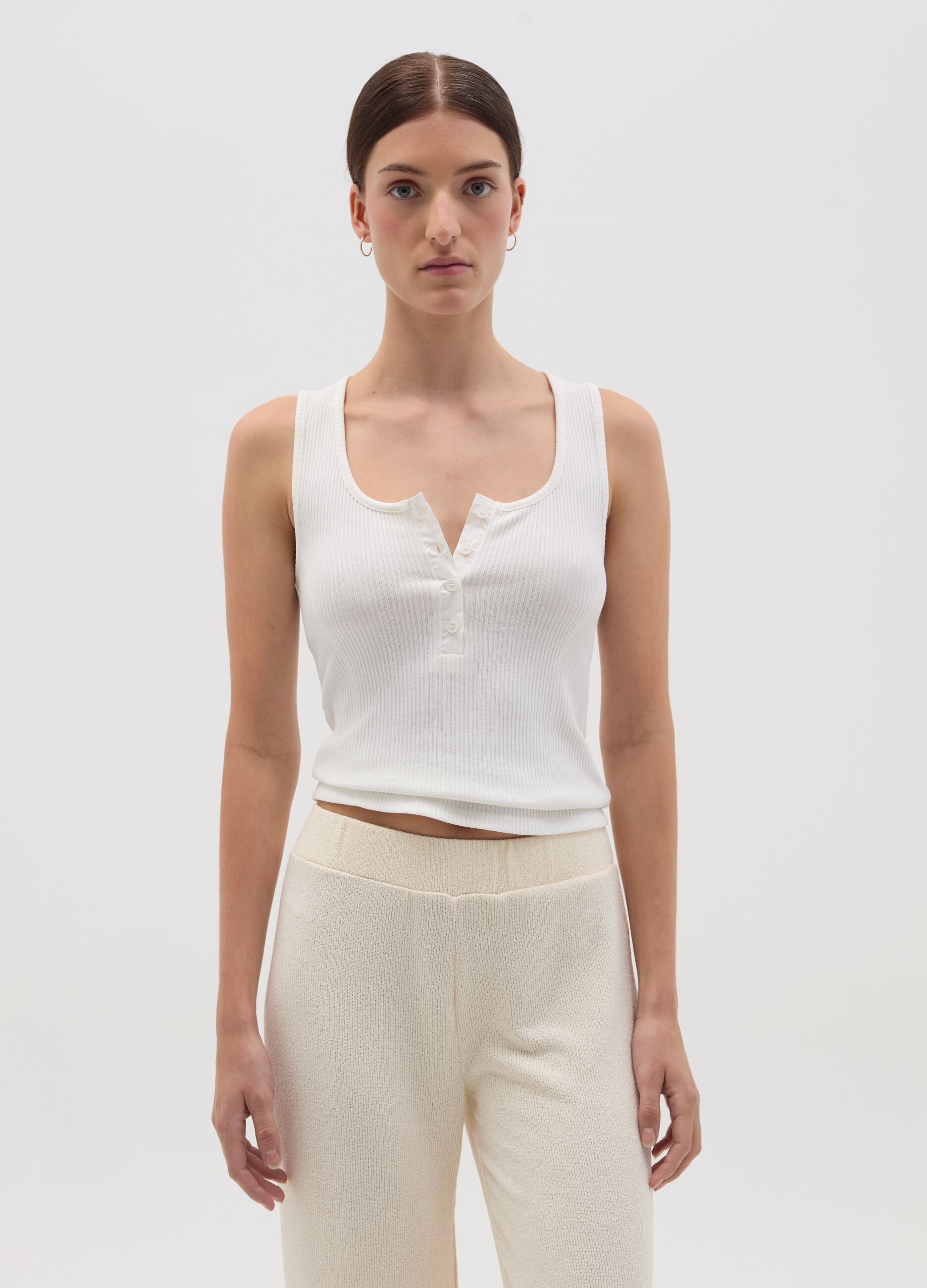 Ribbed tank top with granddad neckline