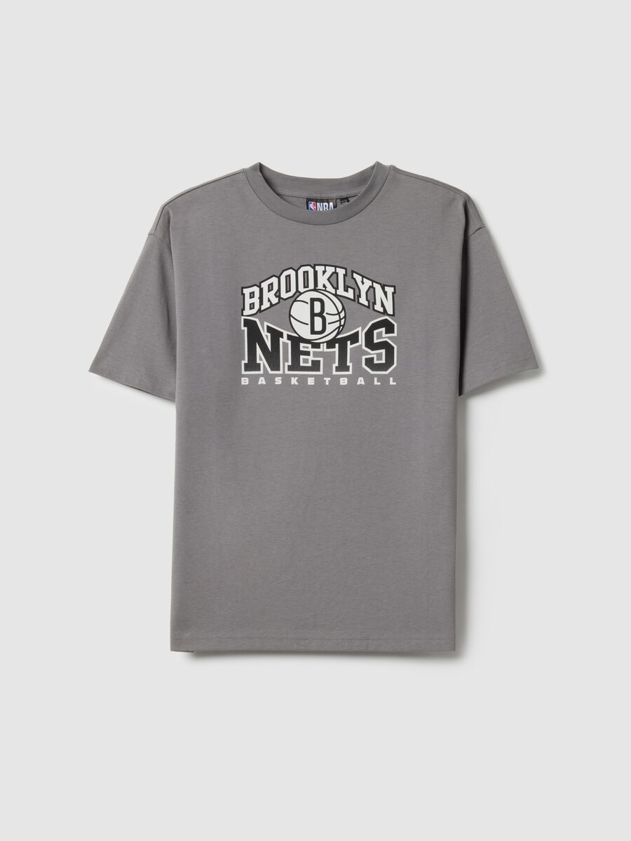 Grey over-fit pure cotton children's t-shirt with Brooklyn Nets logo_3