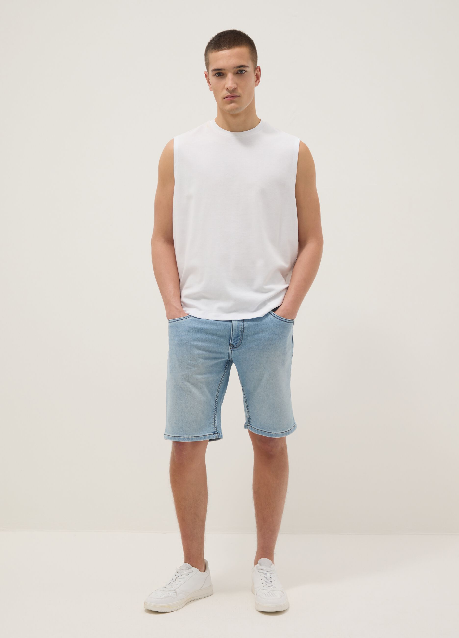Slim Fit Light Blue Stretch Denim Cotton Blend Shorts