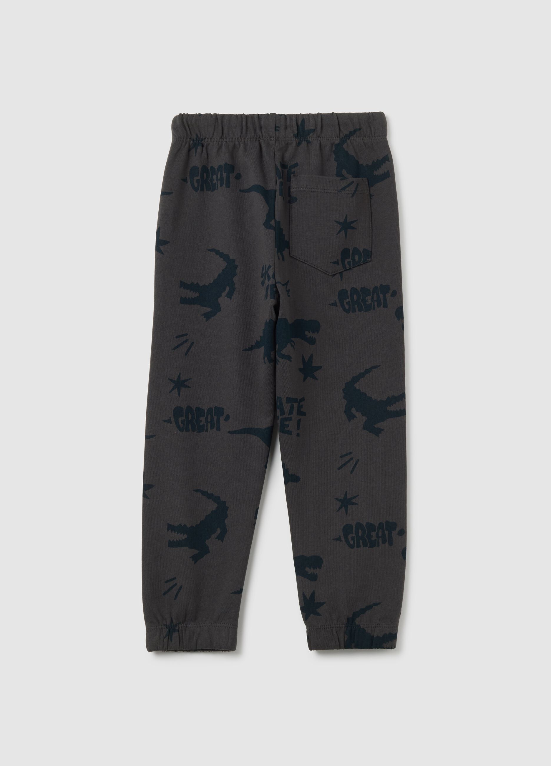 Children's grey pure cotton regular fit trousers with dinosaur print