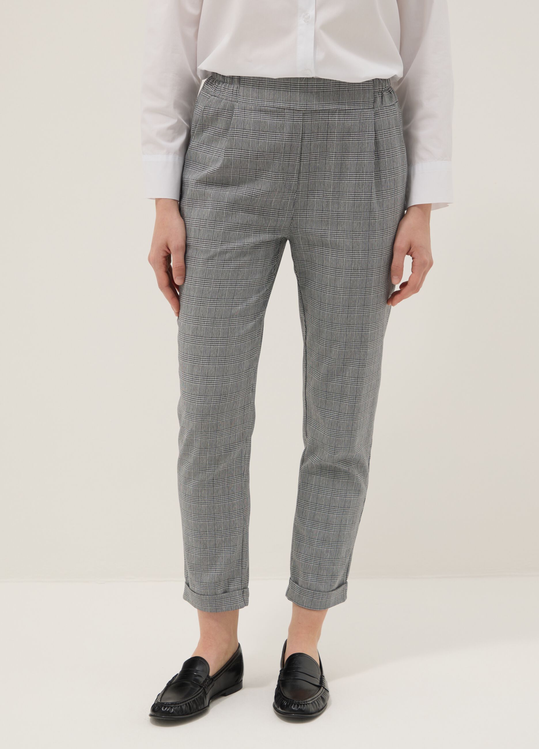 Pantaloni grigi a quadri in misto cotone elasticizzato regular fit