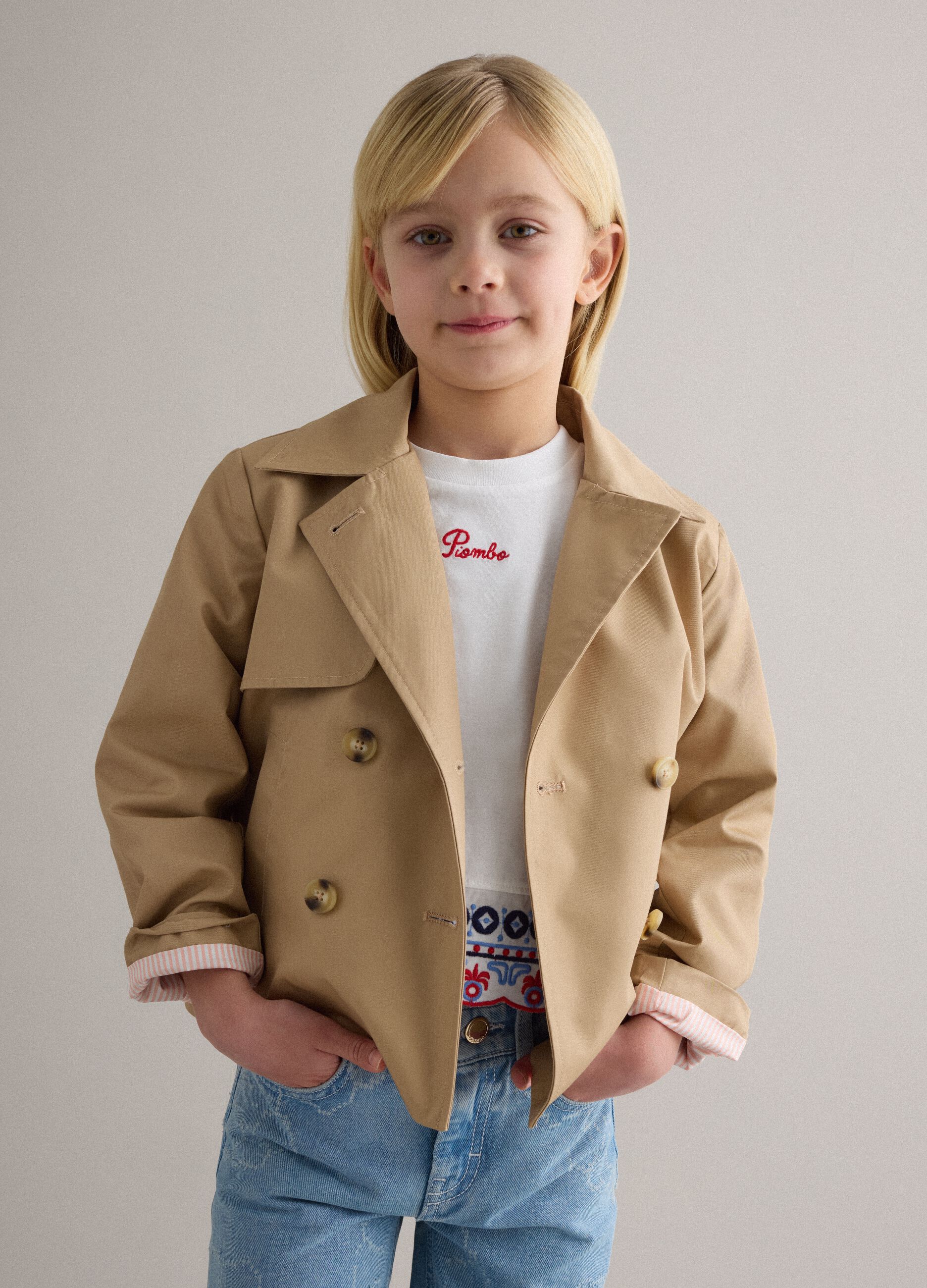 Double-breasted beige cotton blend girl's trench coat with embroidery