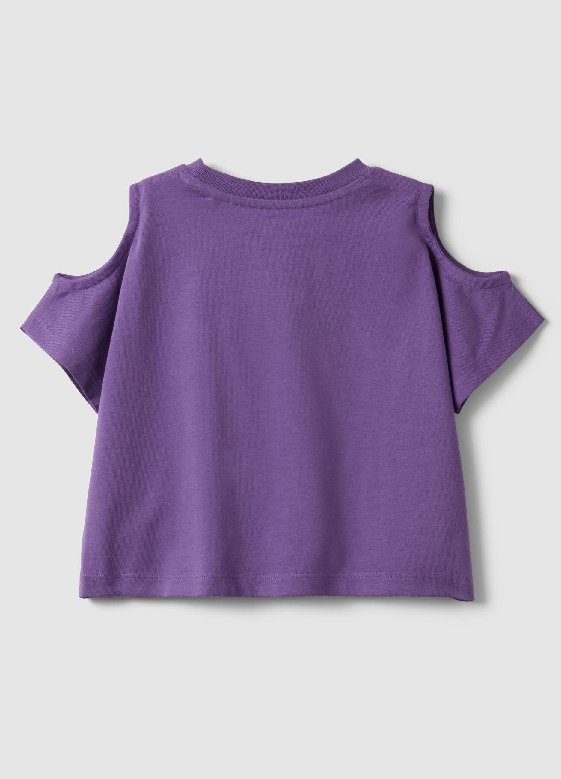 Purple pure cotton girls&rsquo; T-shirt with embroidery and cut-out sleeves