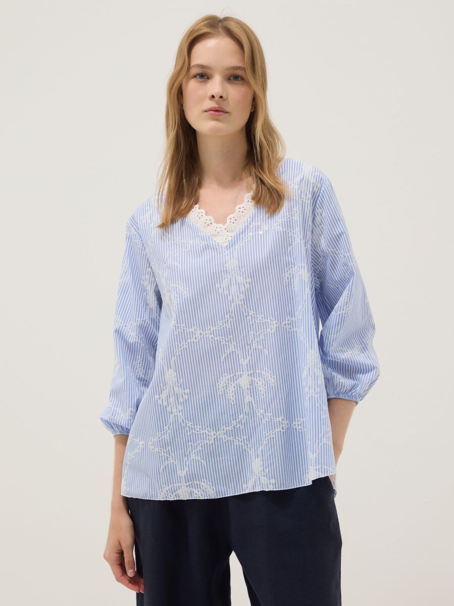 Blue cotton-blend top with embroidery and V-neck_1