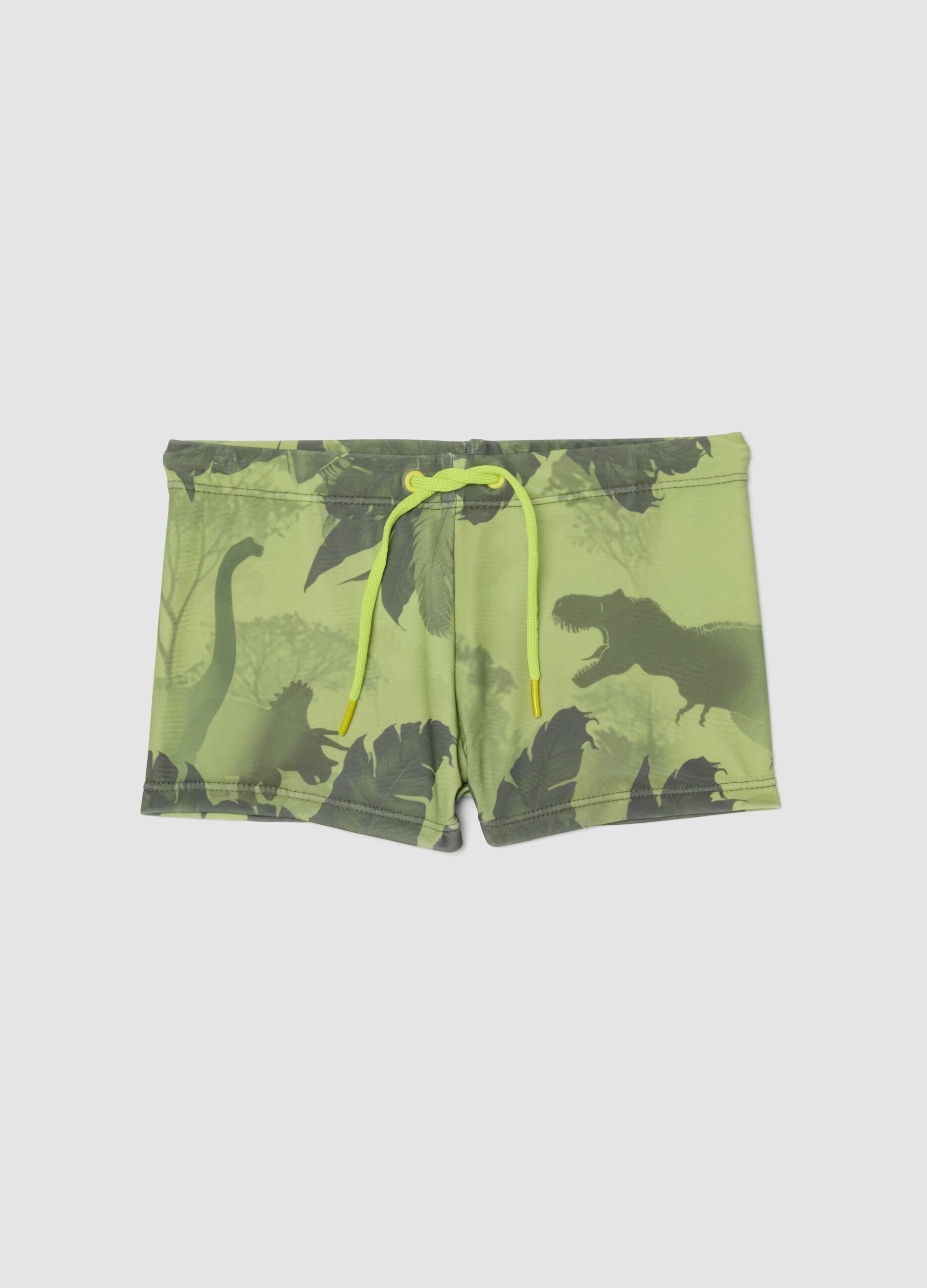 Green dinosaur-print stretch swim trunks