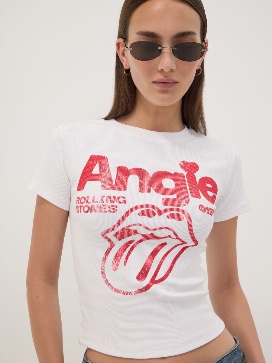 White stretch cotton T-shirt with Rolling Stones print_1
