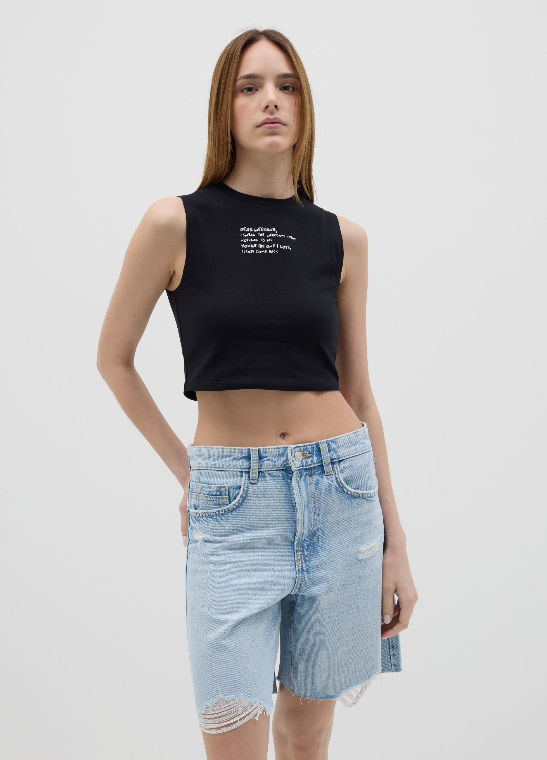 Black cropped tank top with embroidery
