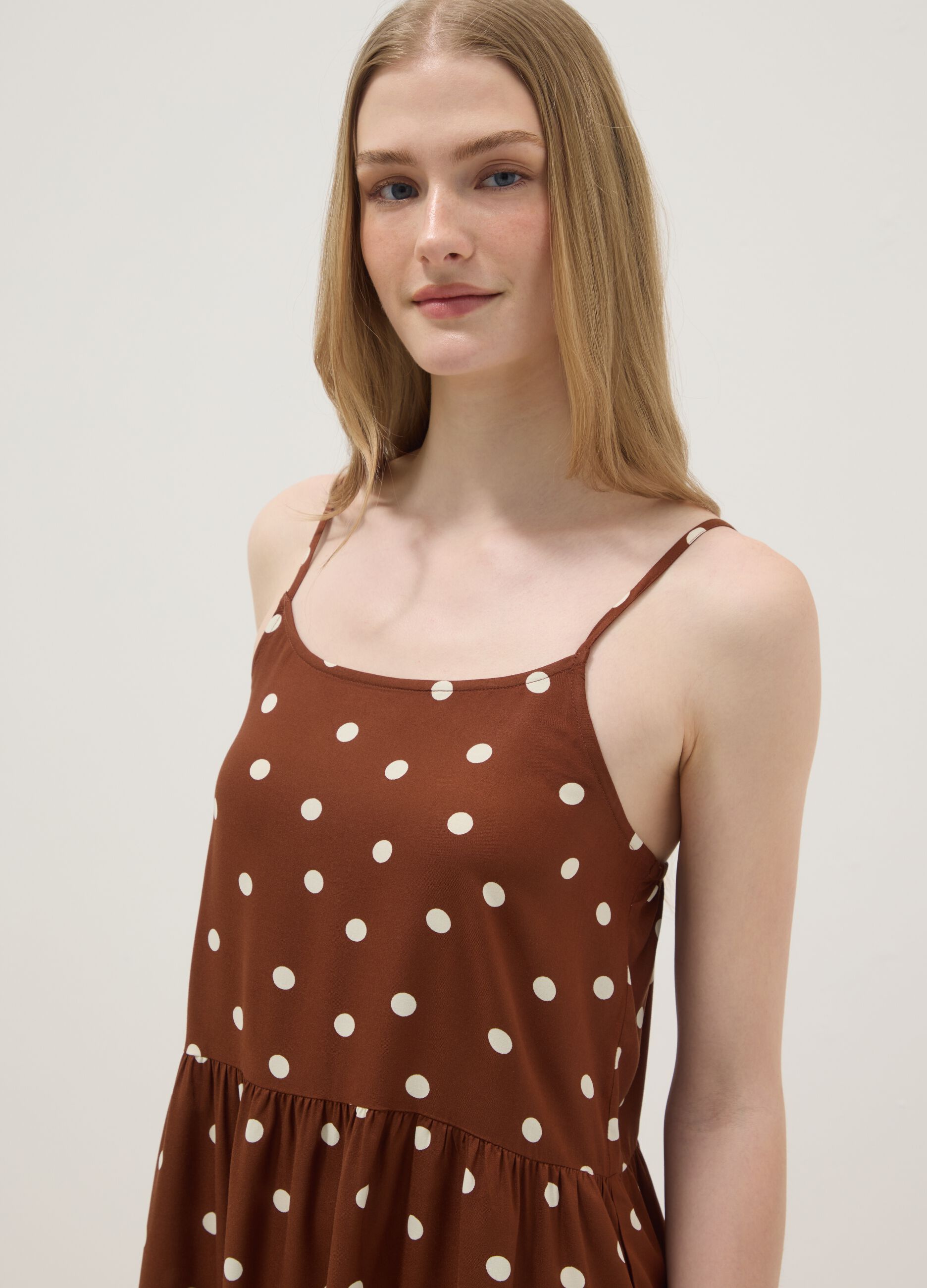 Brown polka-dot dress in pure viscose