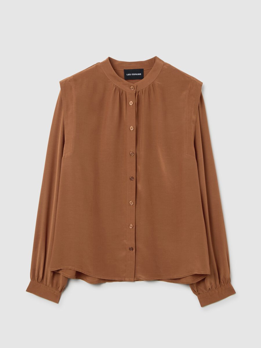 Brown long sleeve regular fit shirt with mandarin collar_4