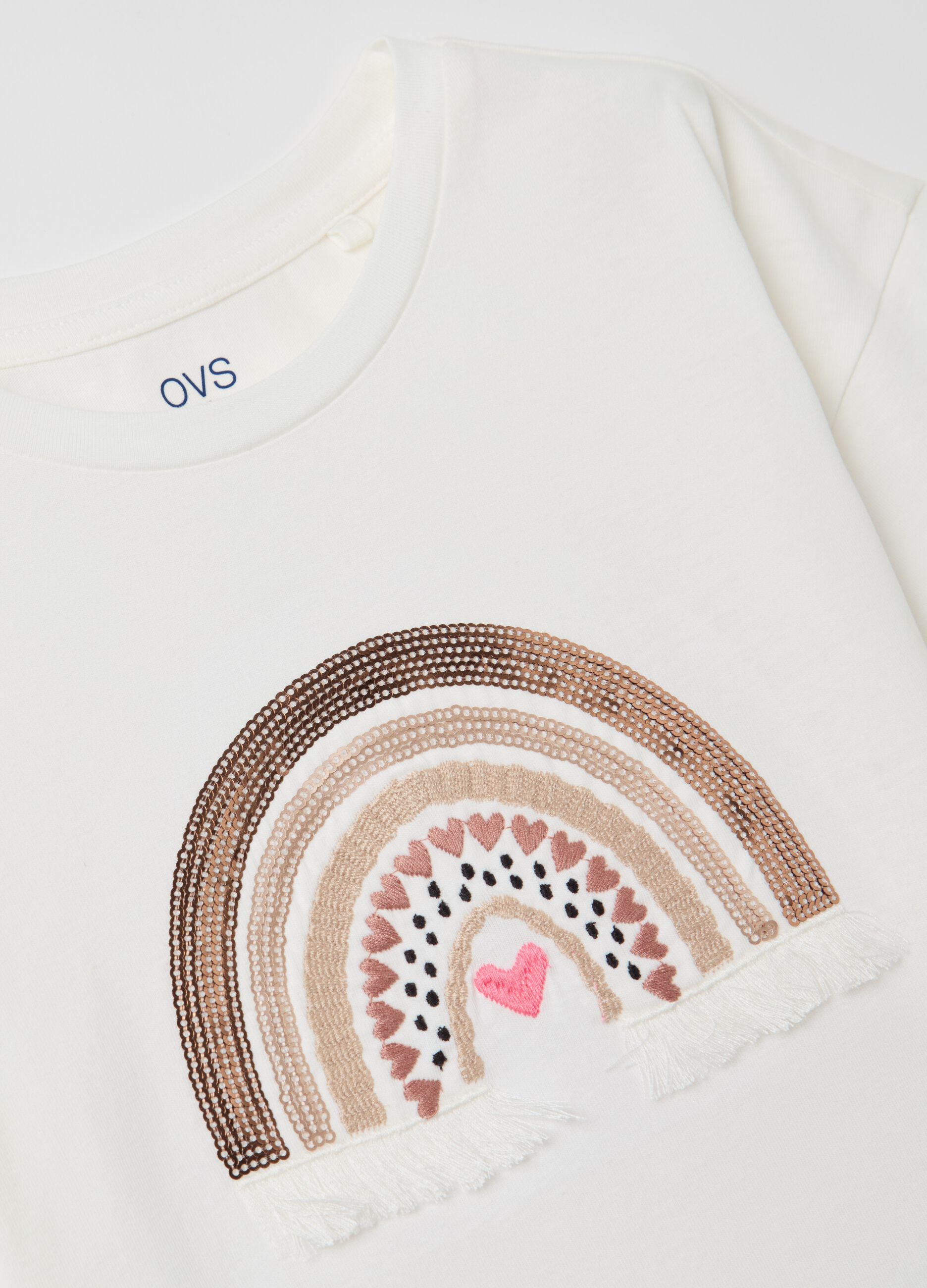 Cotton T-shirt with rainbow embroidery and sequins