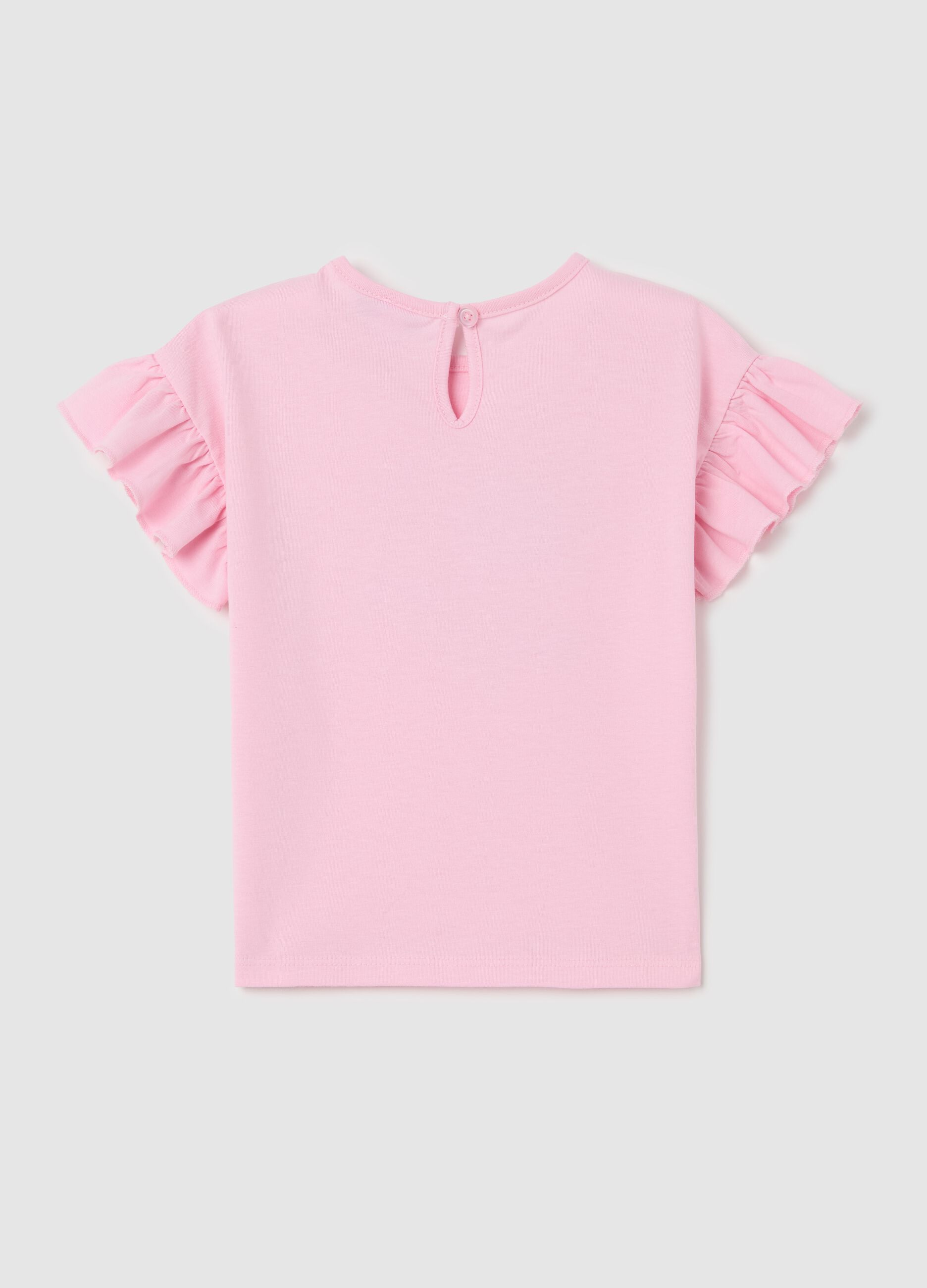 Pink cotton T-shirt with frills and print