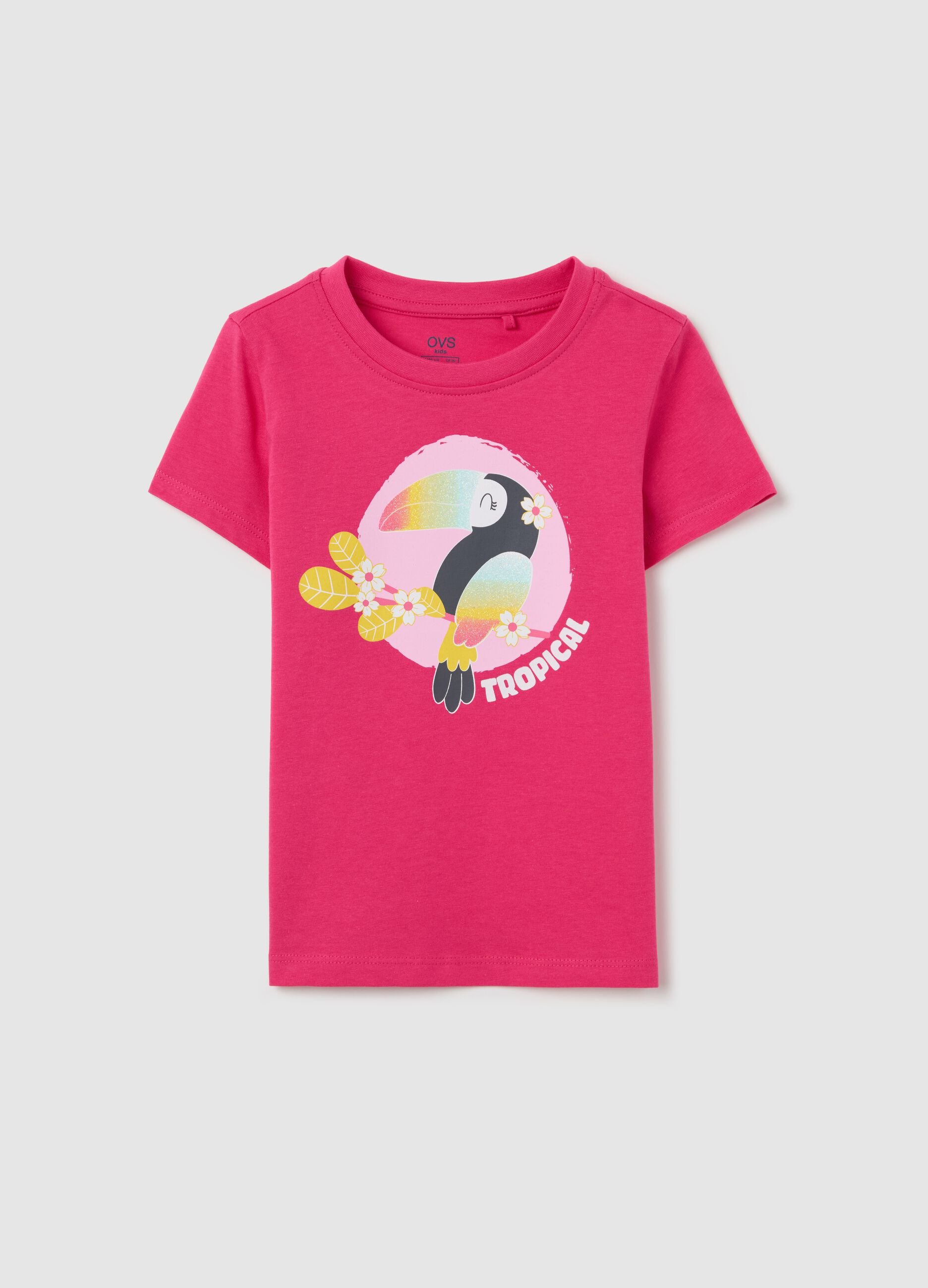 Pink cotton T-shirt with toucan print and glitter