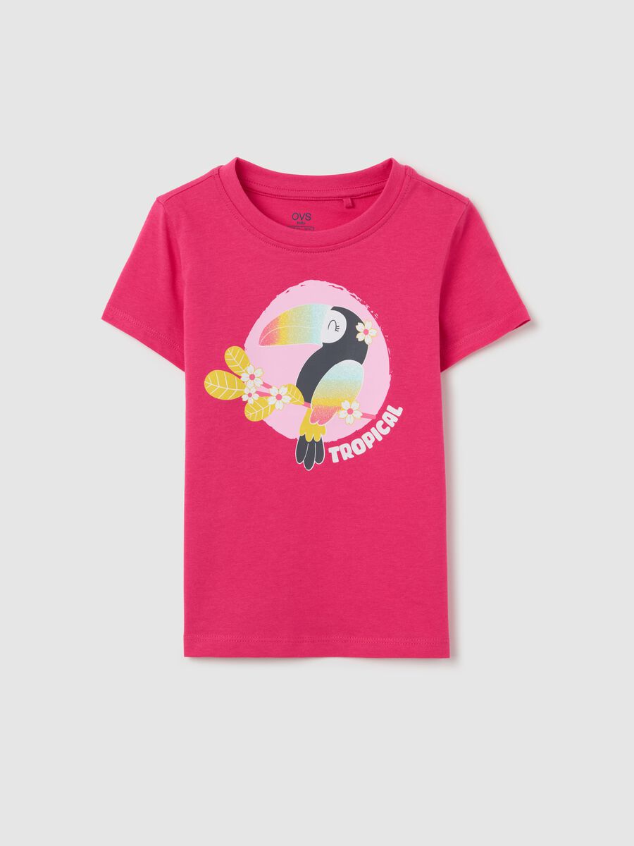 Pink cotton T-shirt with toucan print and glitter_0