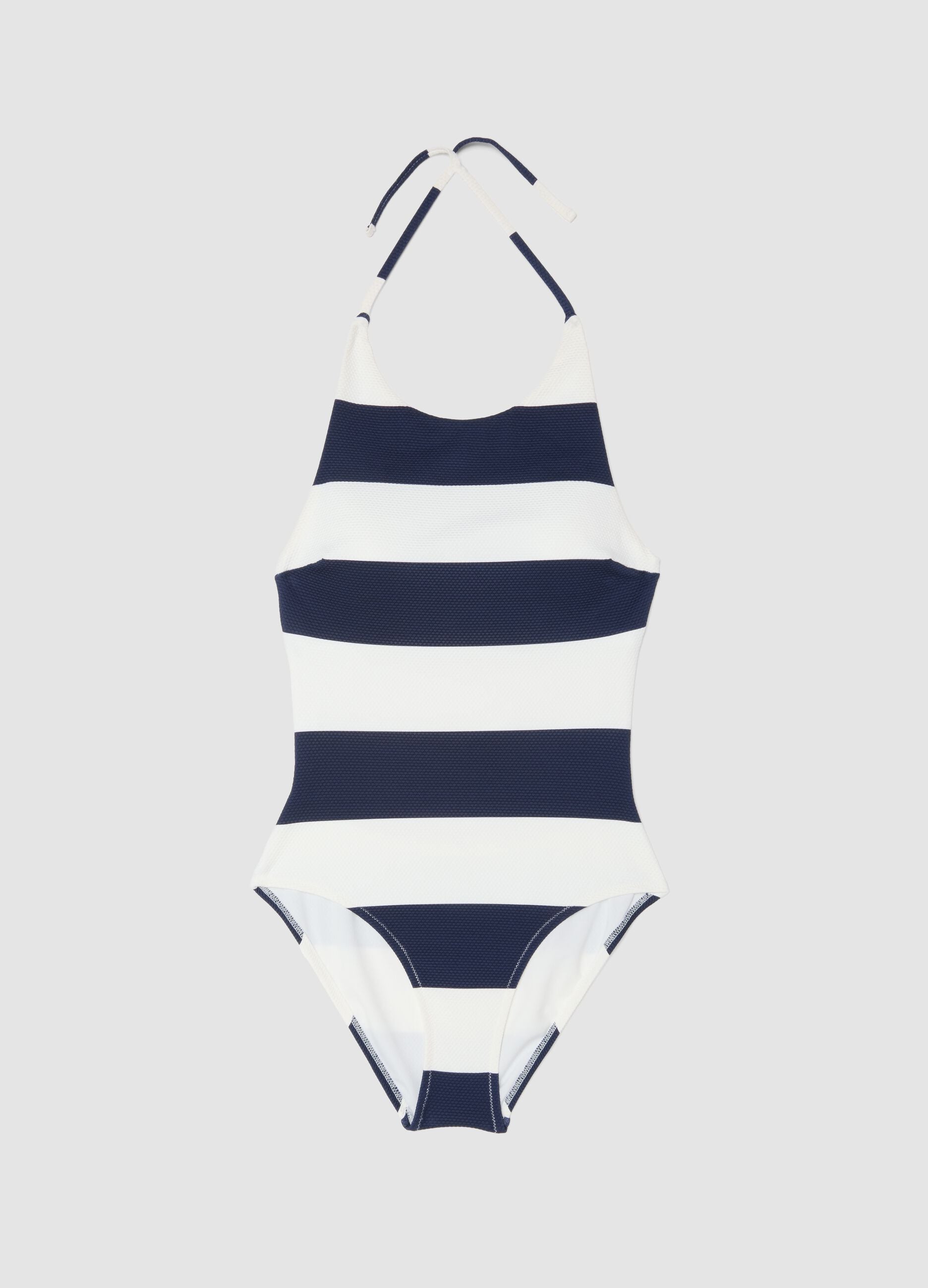 Blue and white striped stretch swimsuit